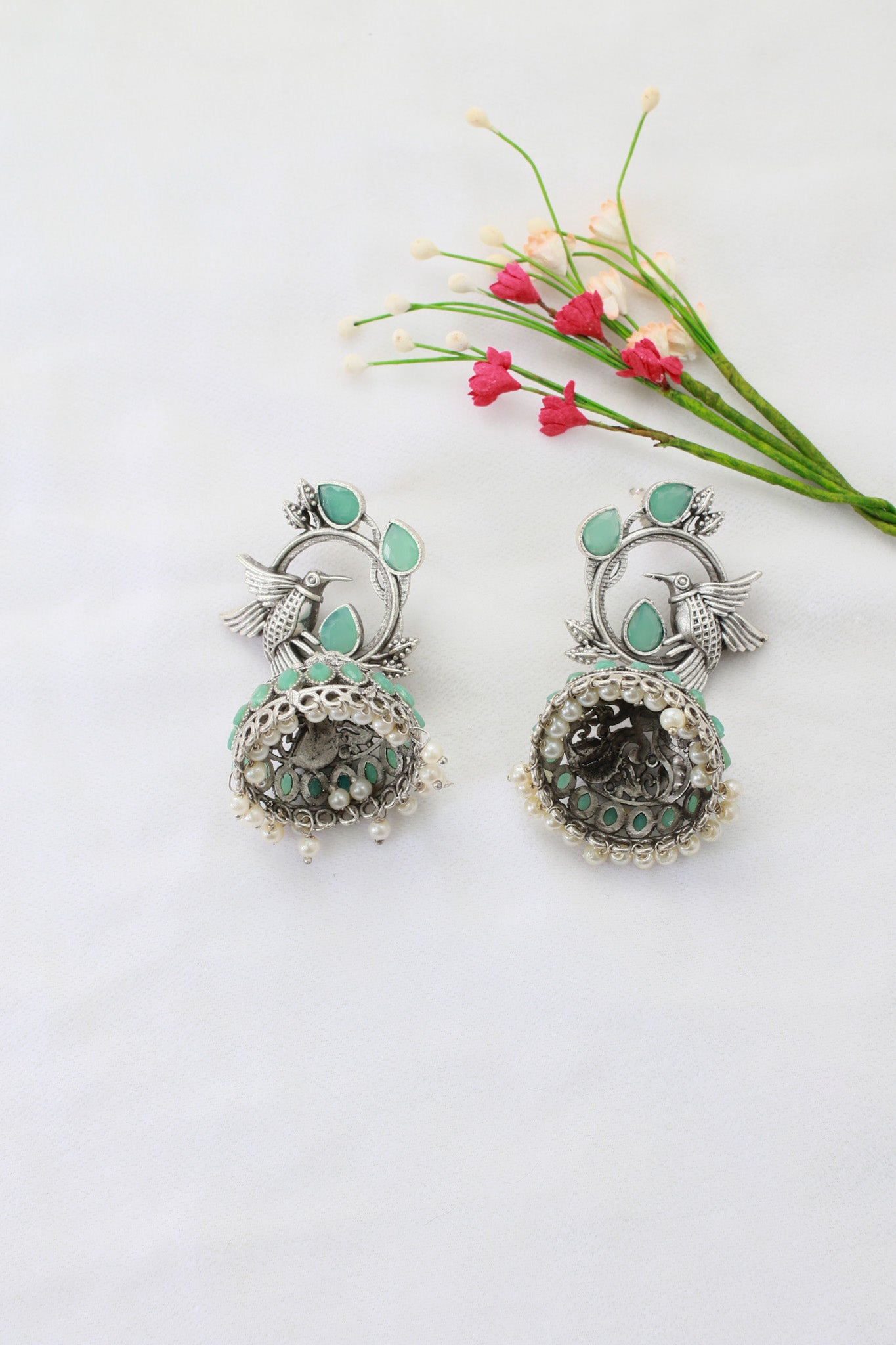 Hummingbird Jhumka with Mint Monalisa & Pearls | Oxidised German Silver