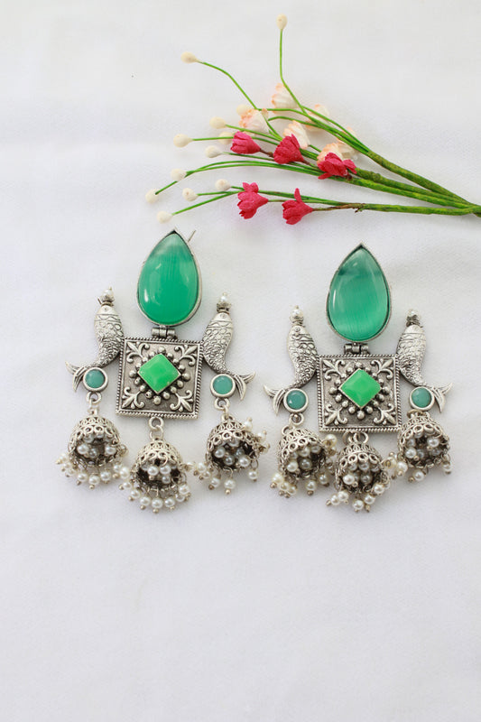 Green Monalisa Stone Fish Motif Oxidised German Silver Earrings with Jhumka Drops