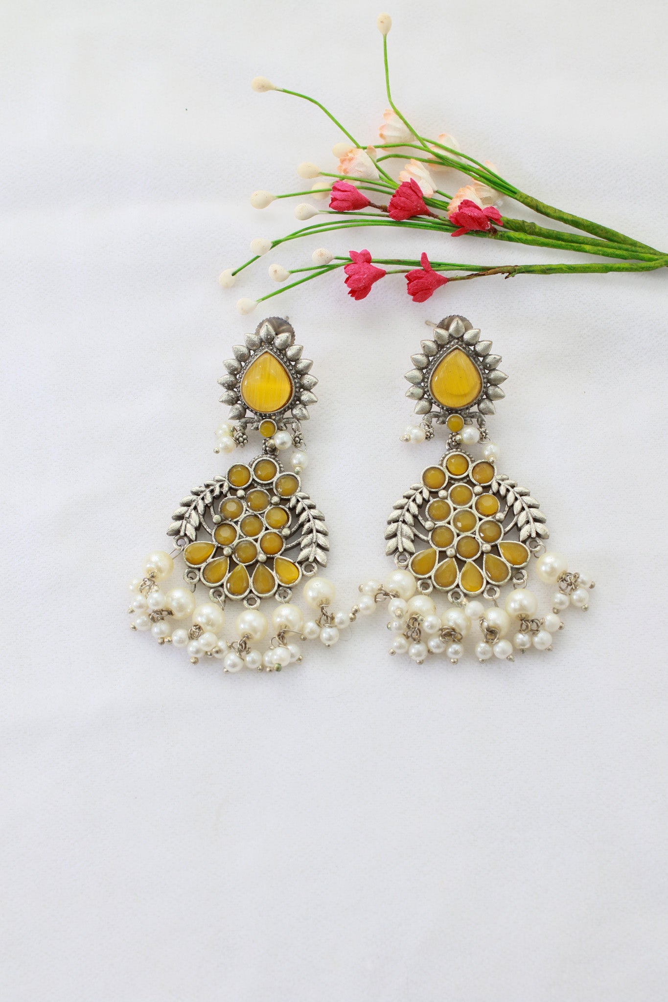 Yellow Monalisa Chandbali with Pearl Drops | Oxidised German Silver
