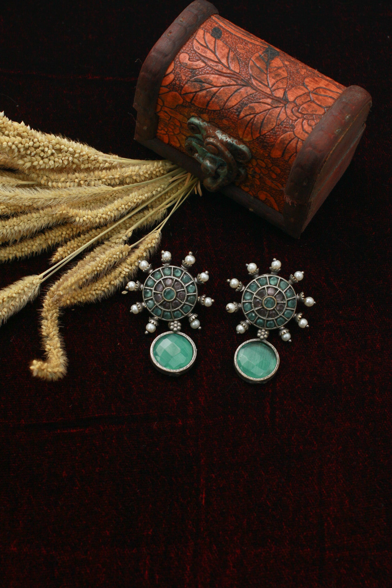 Mandala Top & Green Monalisa Drop Oxidised German Silver Earrings with Pearls