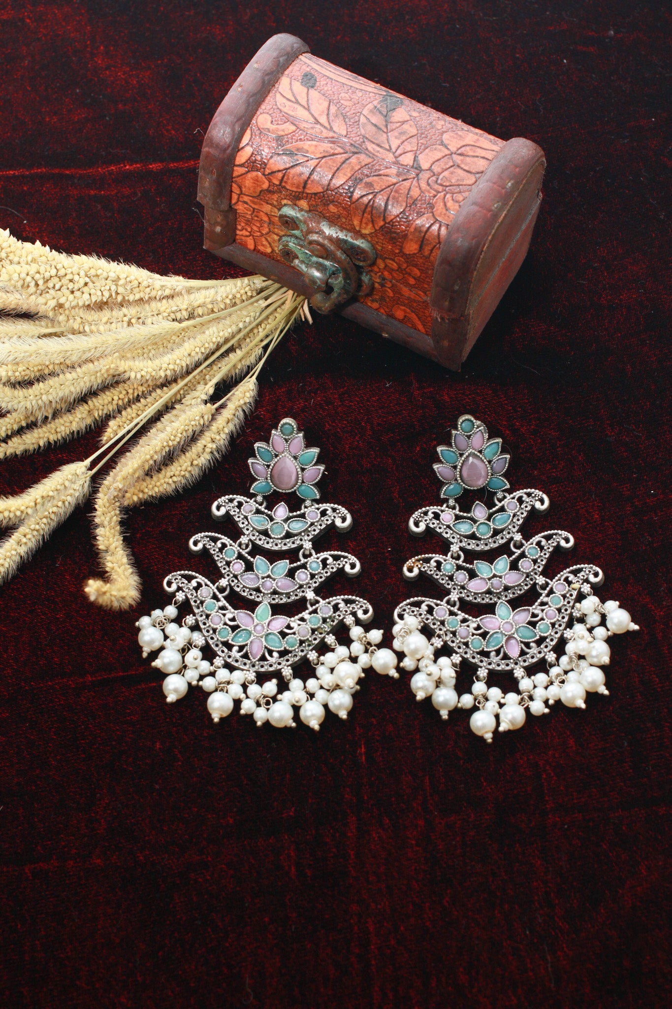 Layered Chandbali Oxidised German Silver Earrings with Pink & Green Monalisa Stones and Pearls