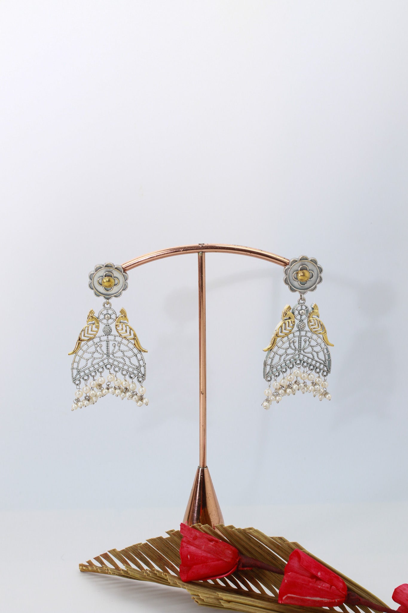 Dual Peacock Oxidised German Silver Earrings with Pearl Drops – Antique Gold & Silver Finish