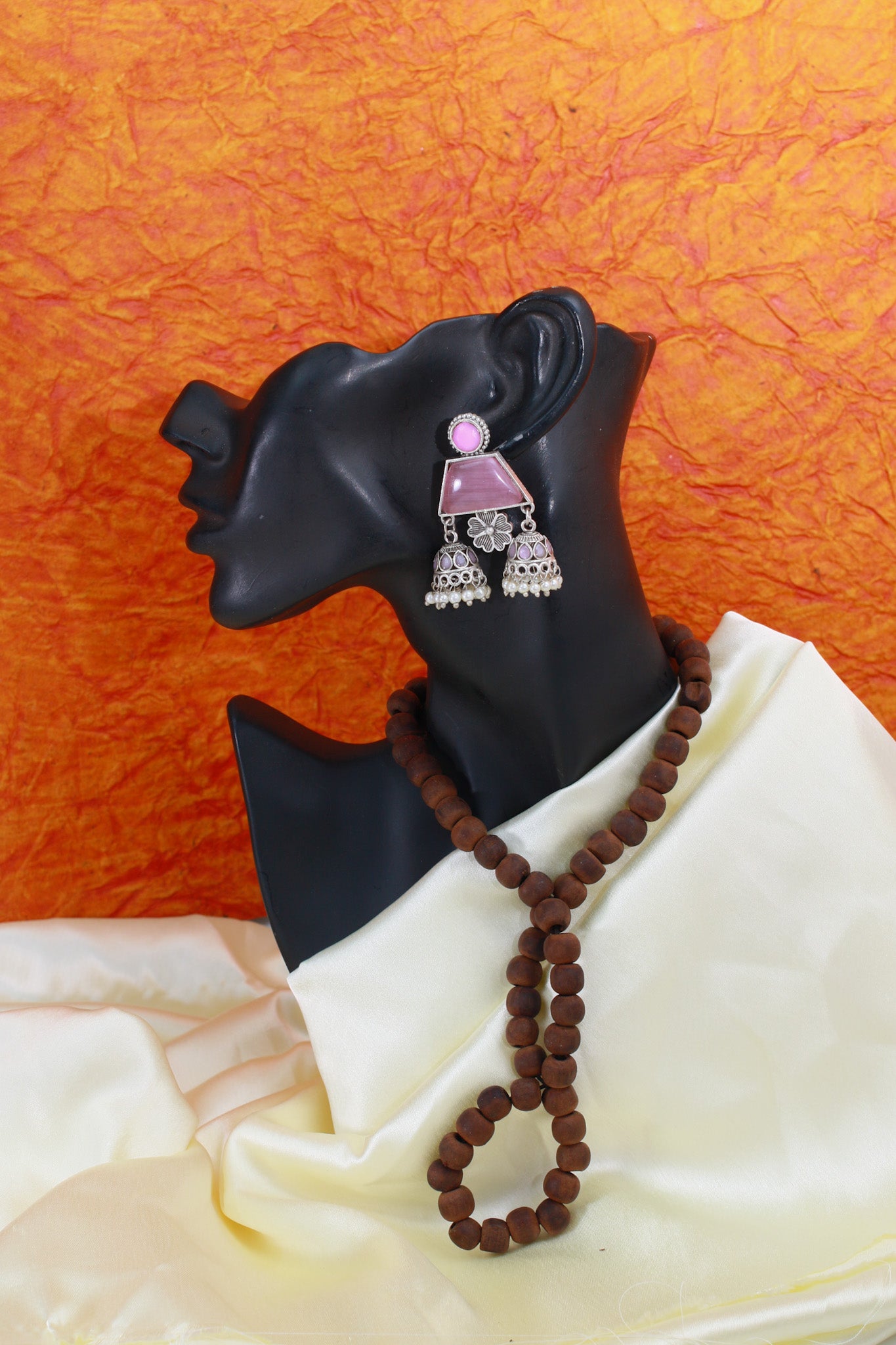 Pink Monalisa Trapeze Jhumka Oxidised Earrings with Twin Bells & Pearls