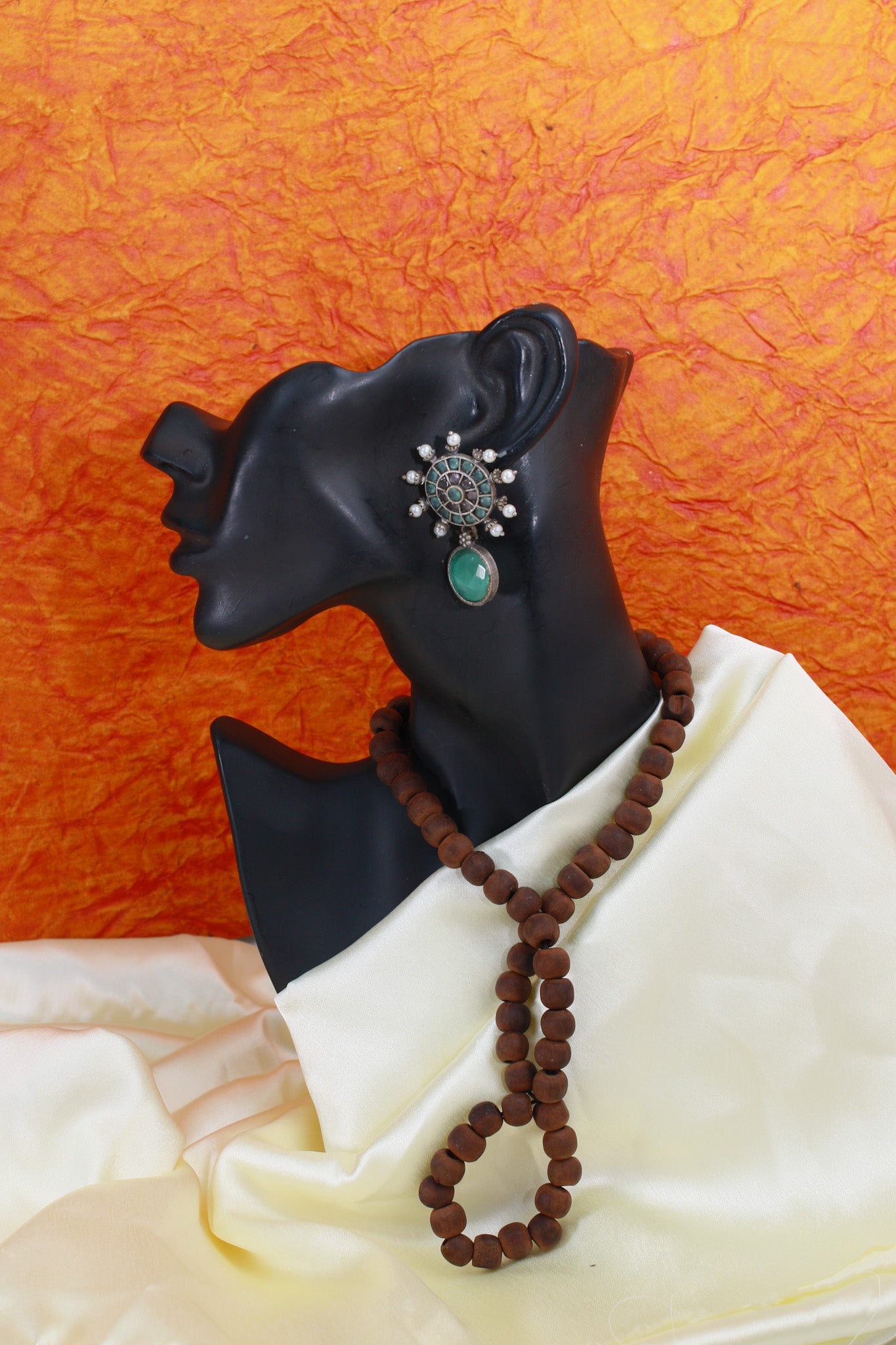 Mandala Top & Green Monalisa Drop Oxidised German Silver Earrings with Pearls