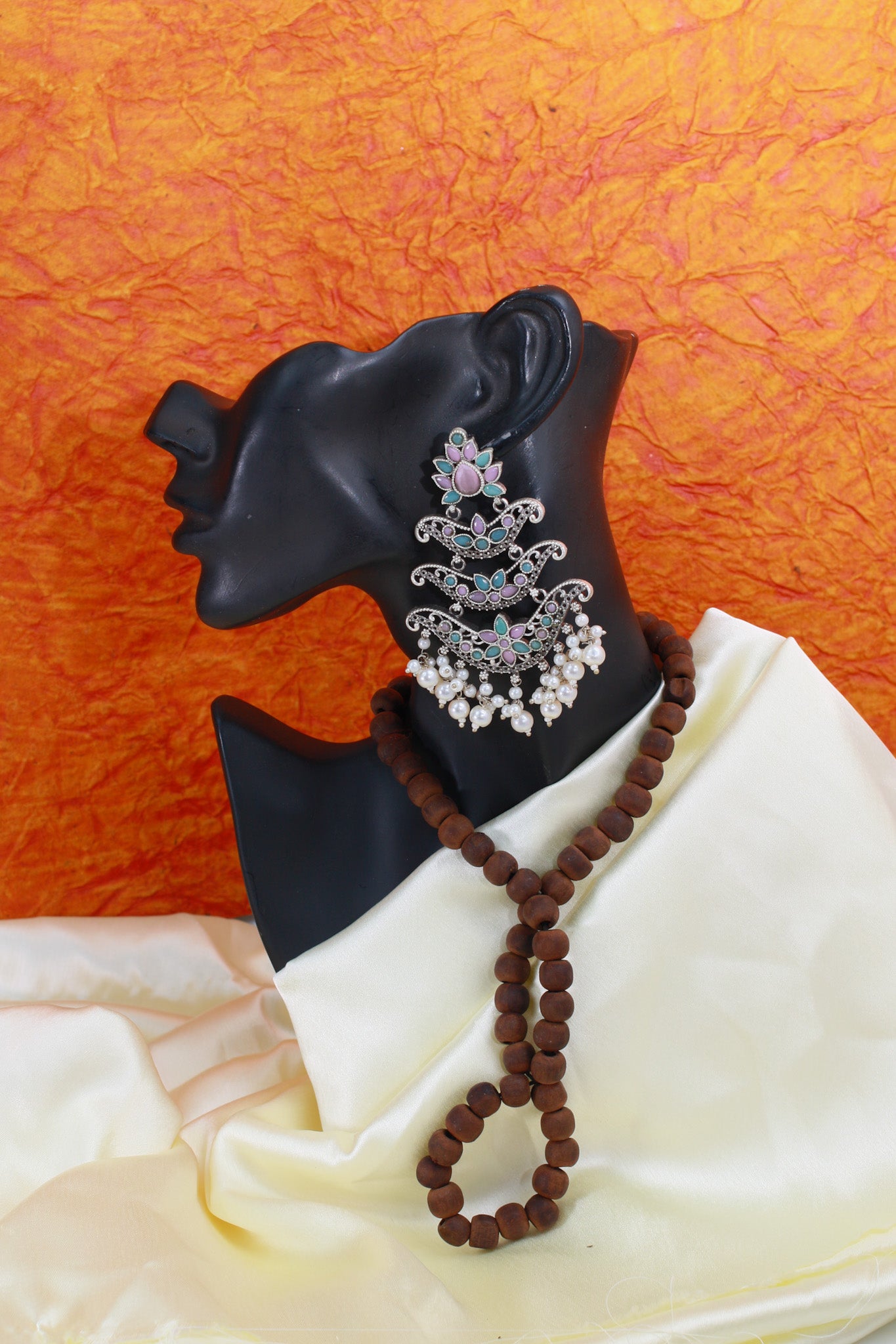 Layered Chandbali Oxidised German Silver Earrings with Pink & Green Monalisa Stones and Pearls