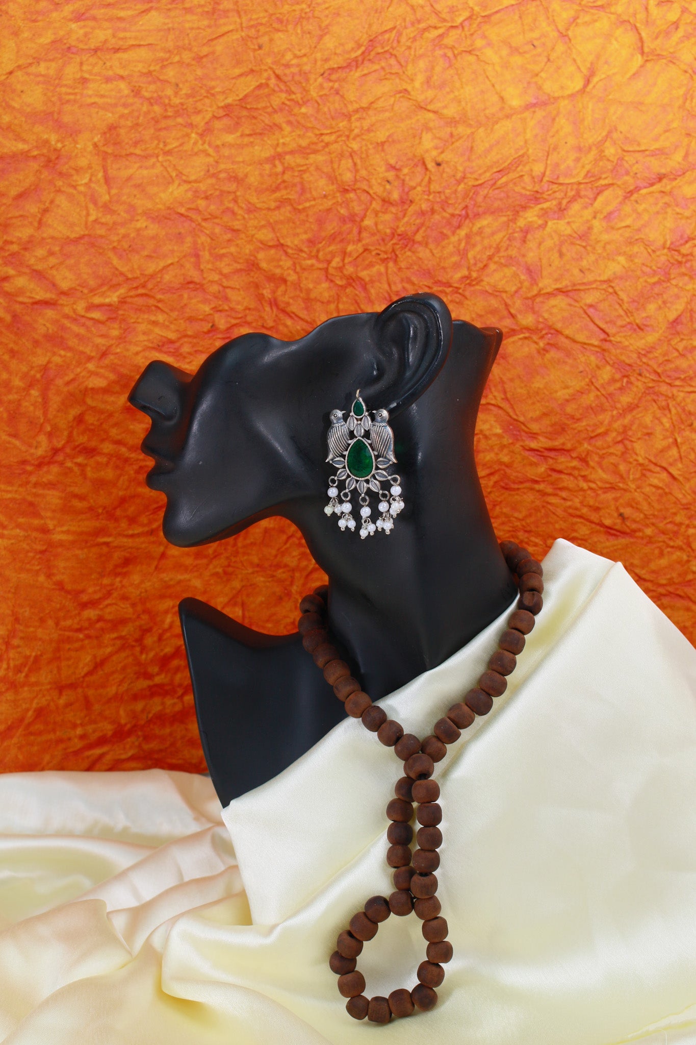 Emerald Green Monalisa Bird Motif Oxidised German Silver Earrings with Pearls