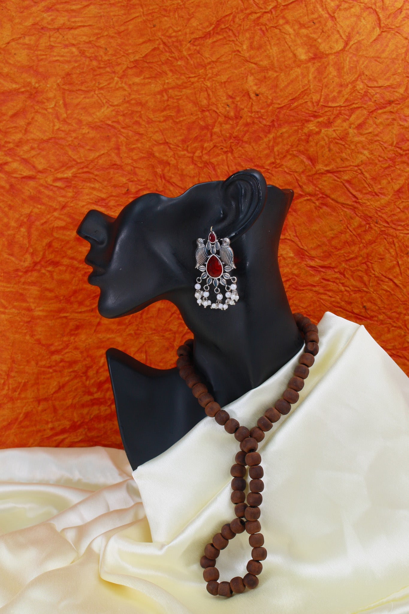 Ruby Red Monalisa Bird Motif Oxidised German Silver Earrings with Pearls