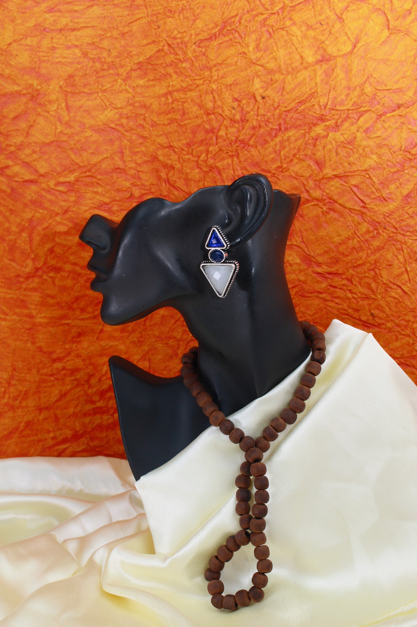 Geometric Blue & White Monalisa German Silver Oxidised Stud Earrings