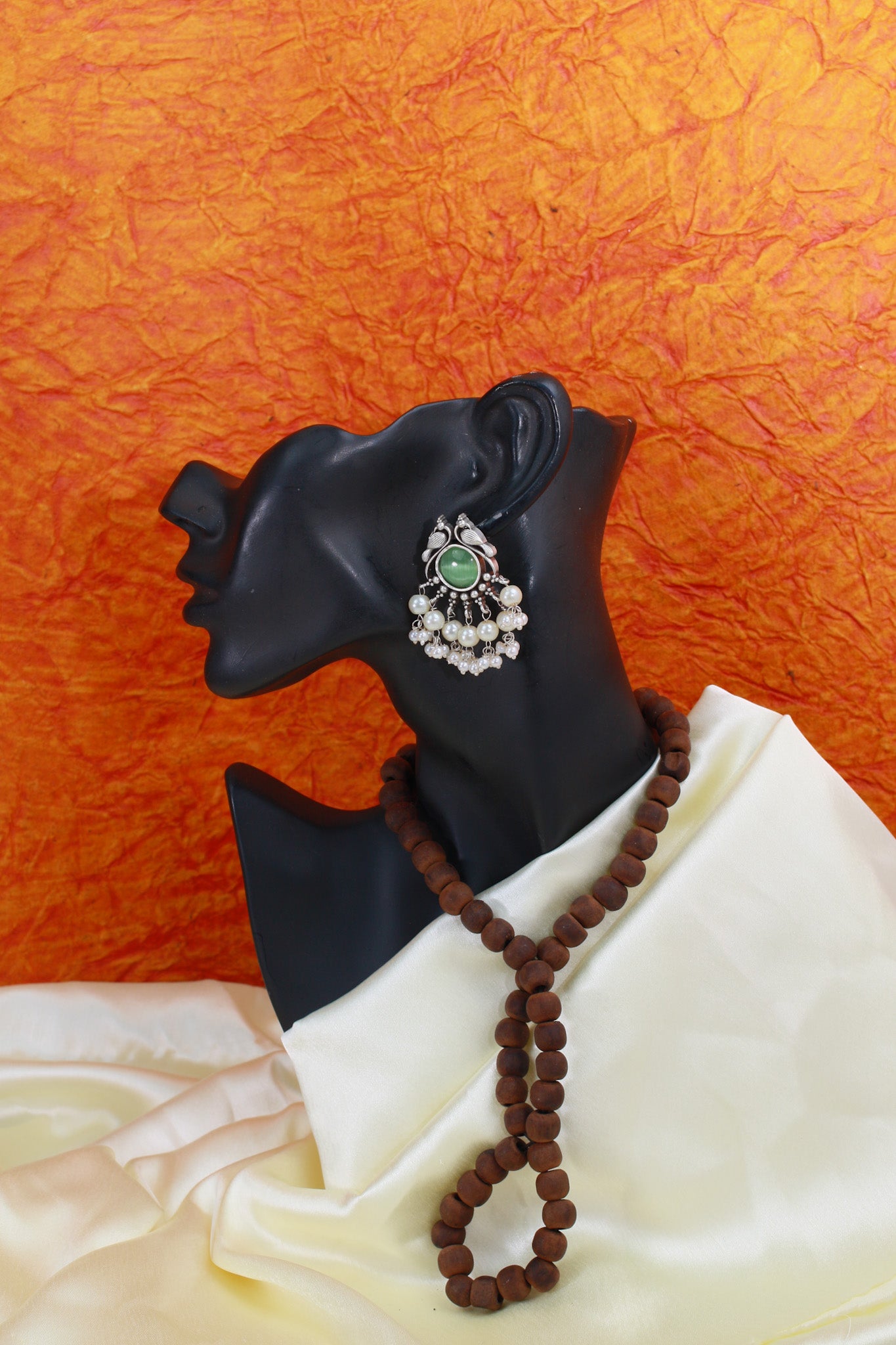 Green Monalisa Round Studs with Pearl Cluster | Oxidised German Silver