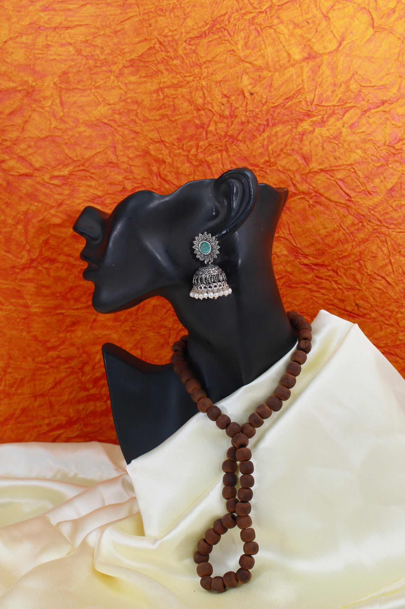 Green Monalisa Stone Oxidised German Silver Jhumka Earrings with Pearl Drops