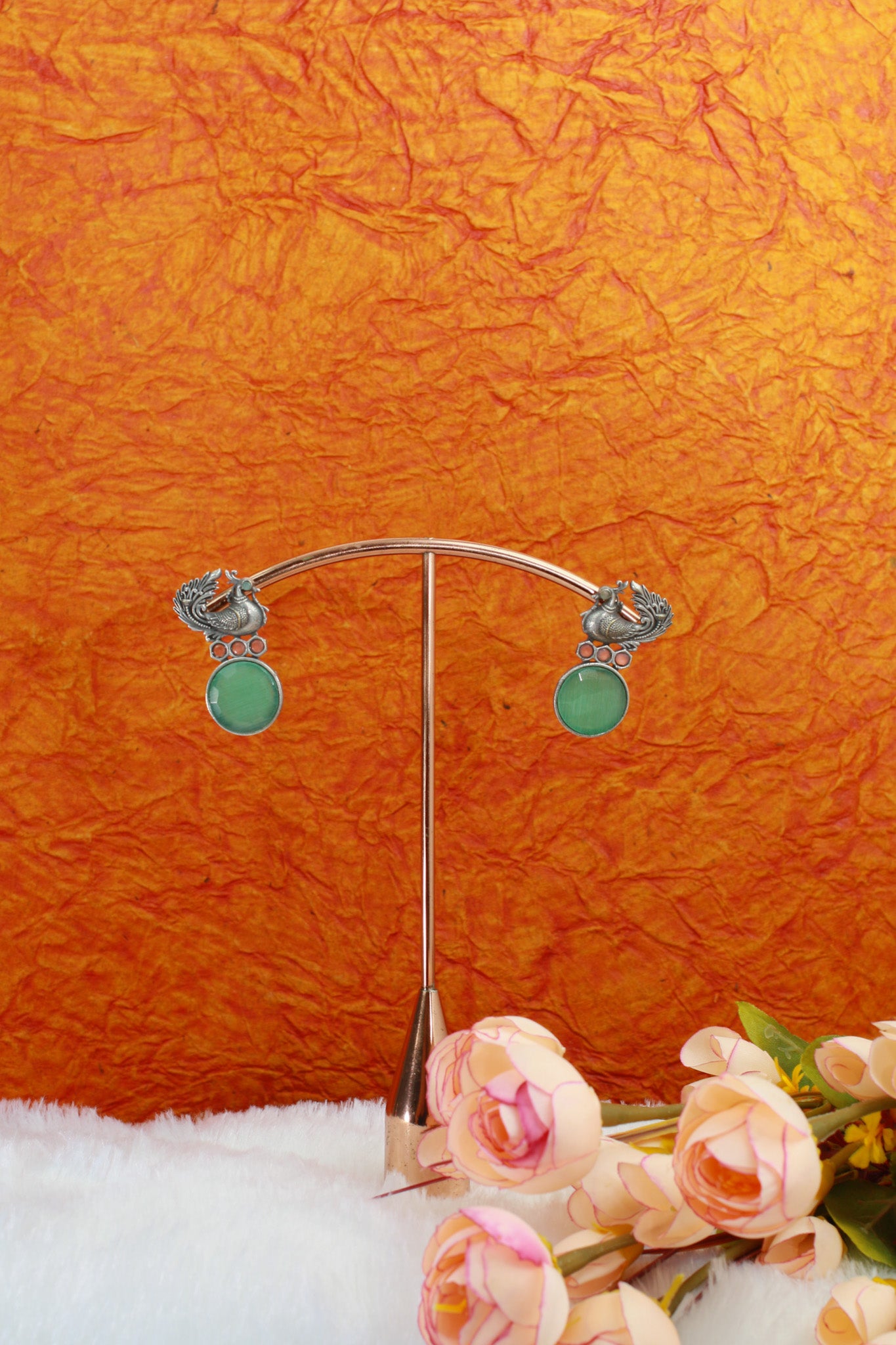 Peacock Top Earrings with Green Monalisa Round | Oxidised German Silver