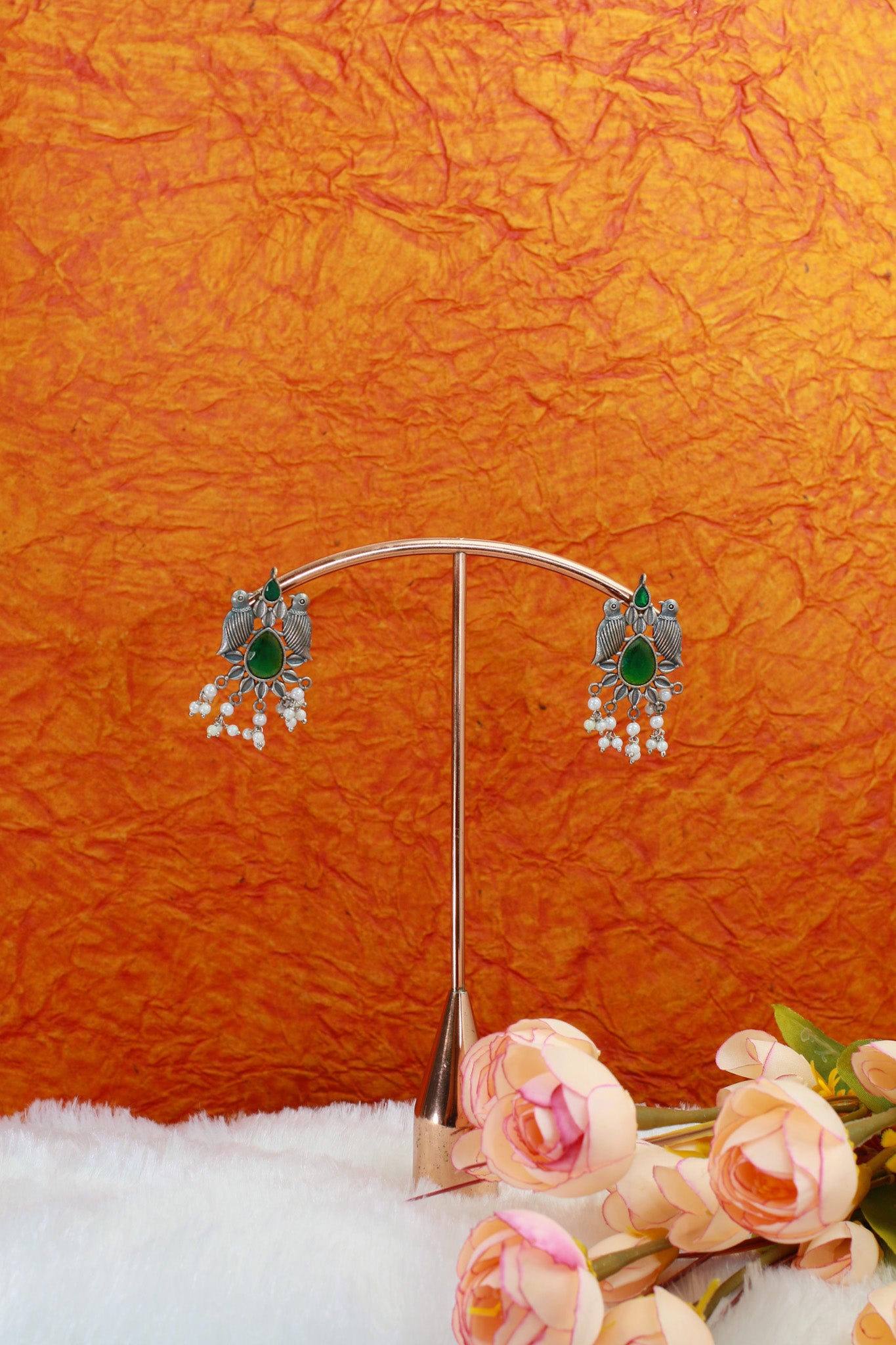 Emerald Green Monalisa Bird Motif Oxidised German Silver Earrings with Pearls