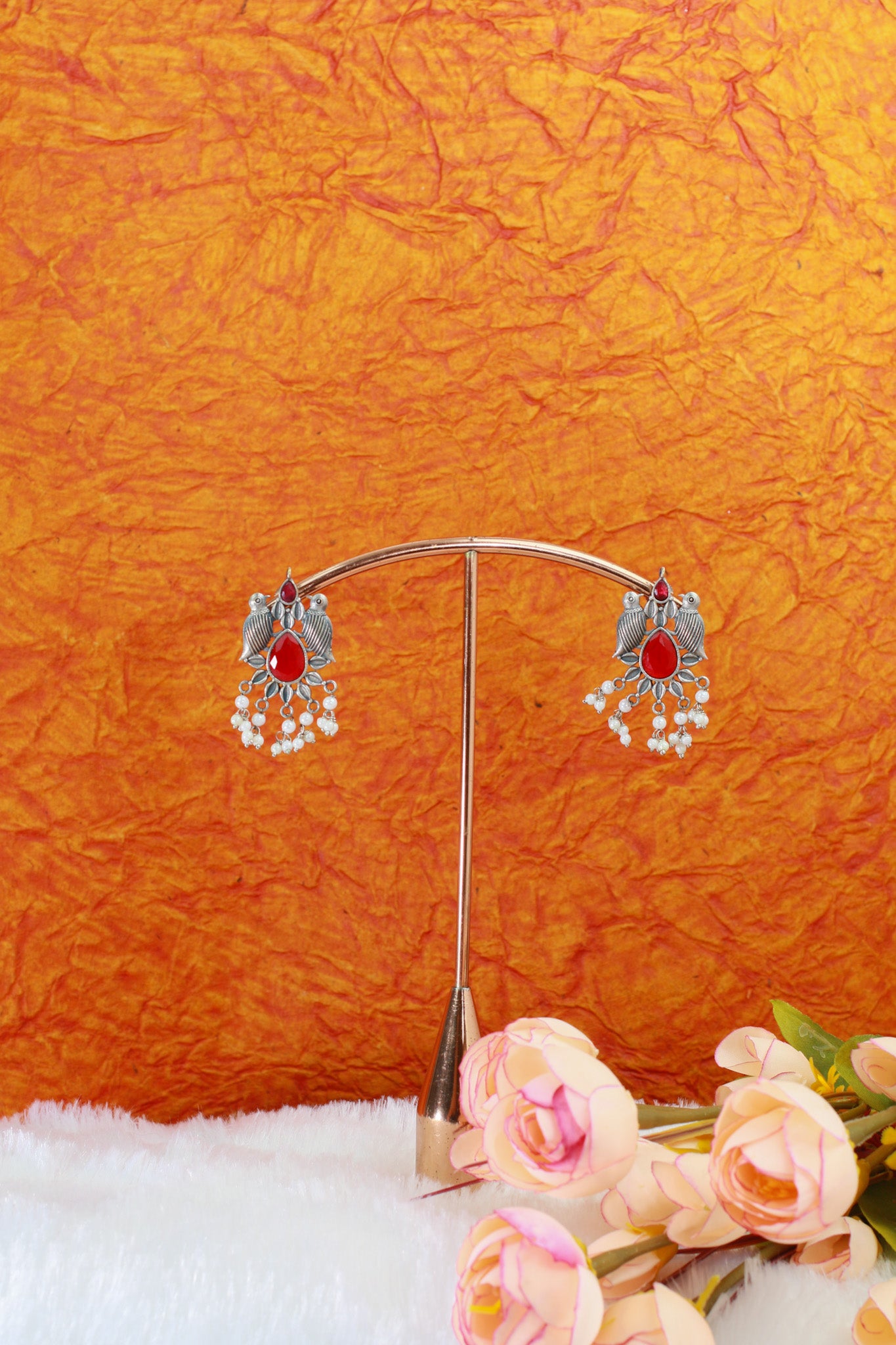 Ruby Red Monalisa Bird Motif Oxidised German Silver Earrings with Pearls