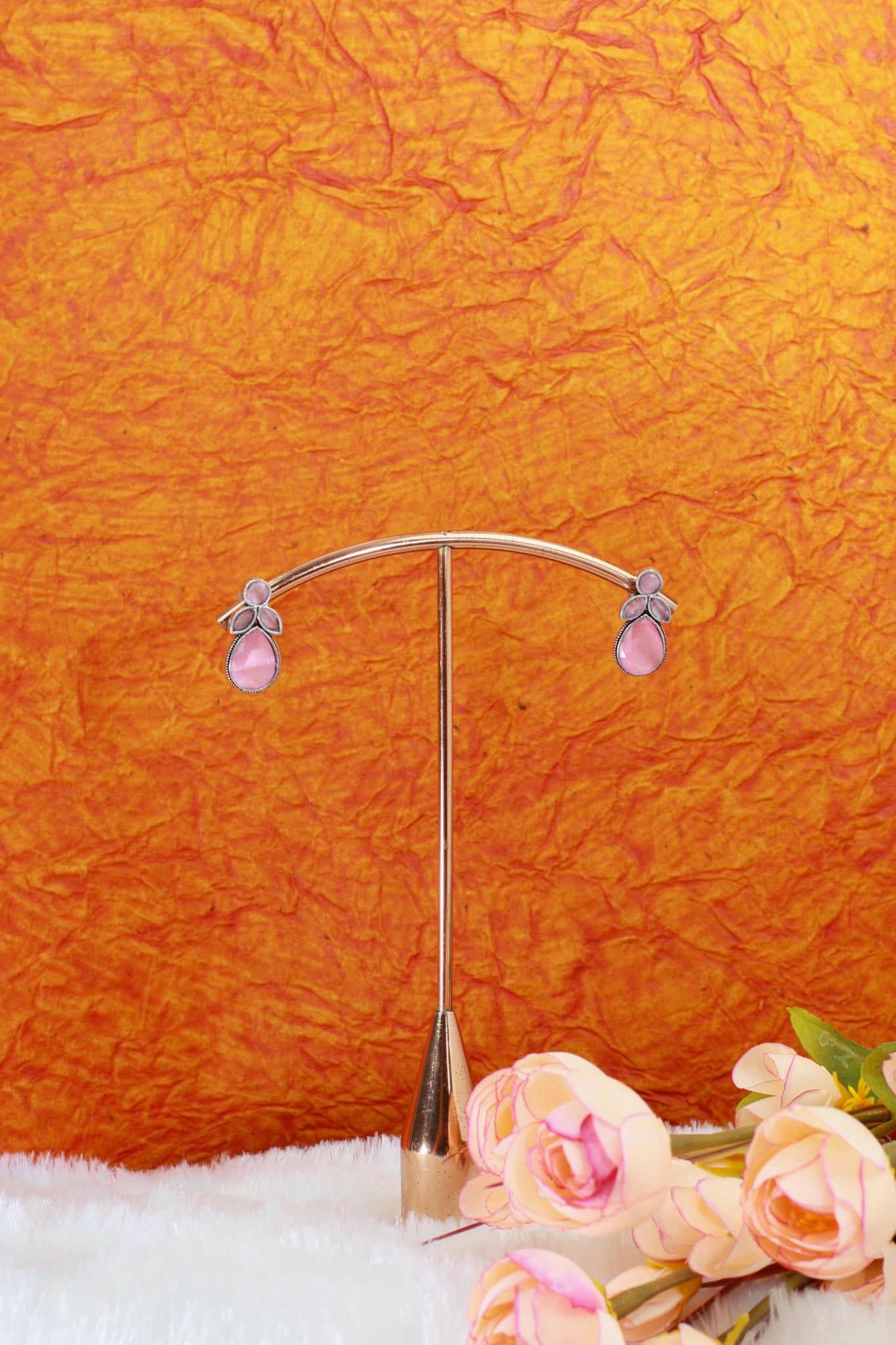 Pink Monalisa Cluster Studs in Oxidised German Silver – Tear Drop Design