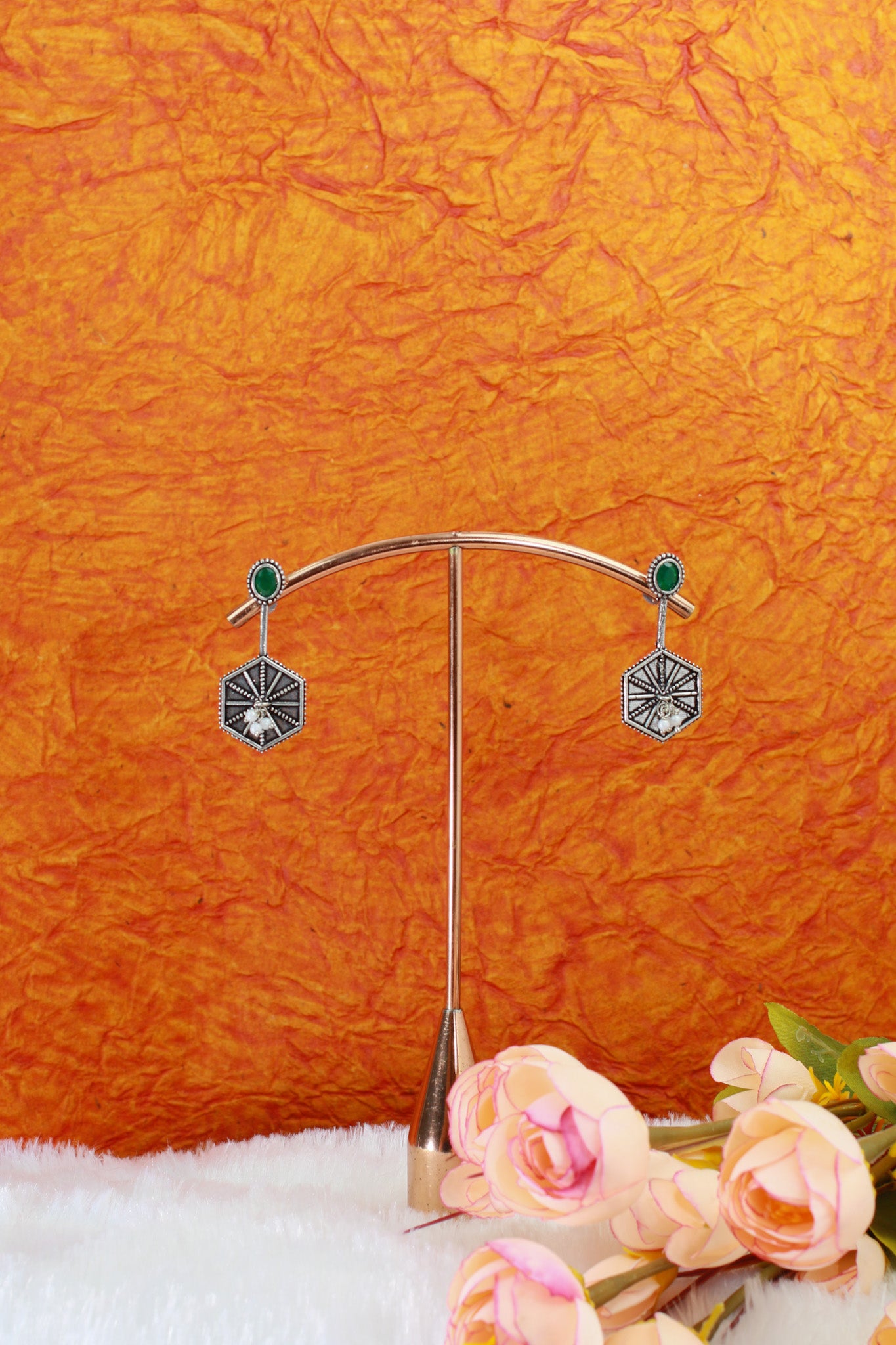 Hexa Sunburst Drop Earrings with Green Monalisa Stud | Oxidised