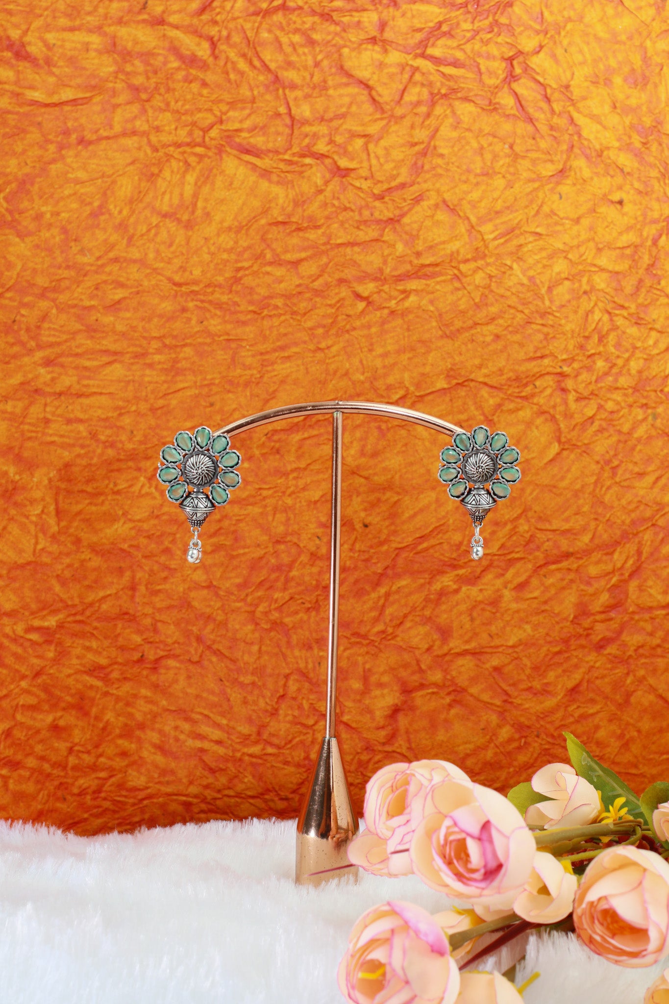 Mint Green Monalisa Floral Stud Danglers with Ghungroo Drops | Oxidised