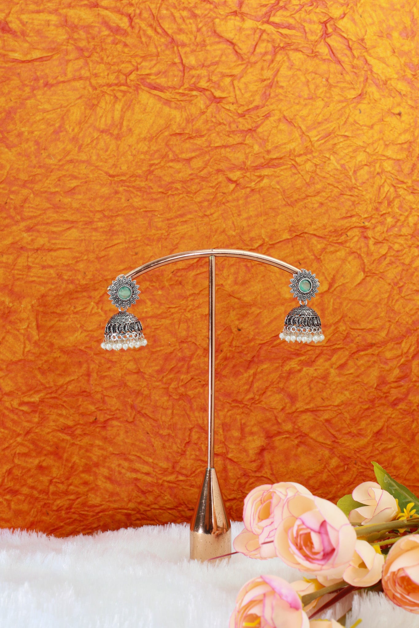 Green Monalisa Stone Oxidised German Silver Jhumka Earrings with Pearl Drops