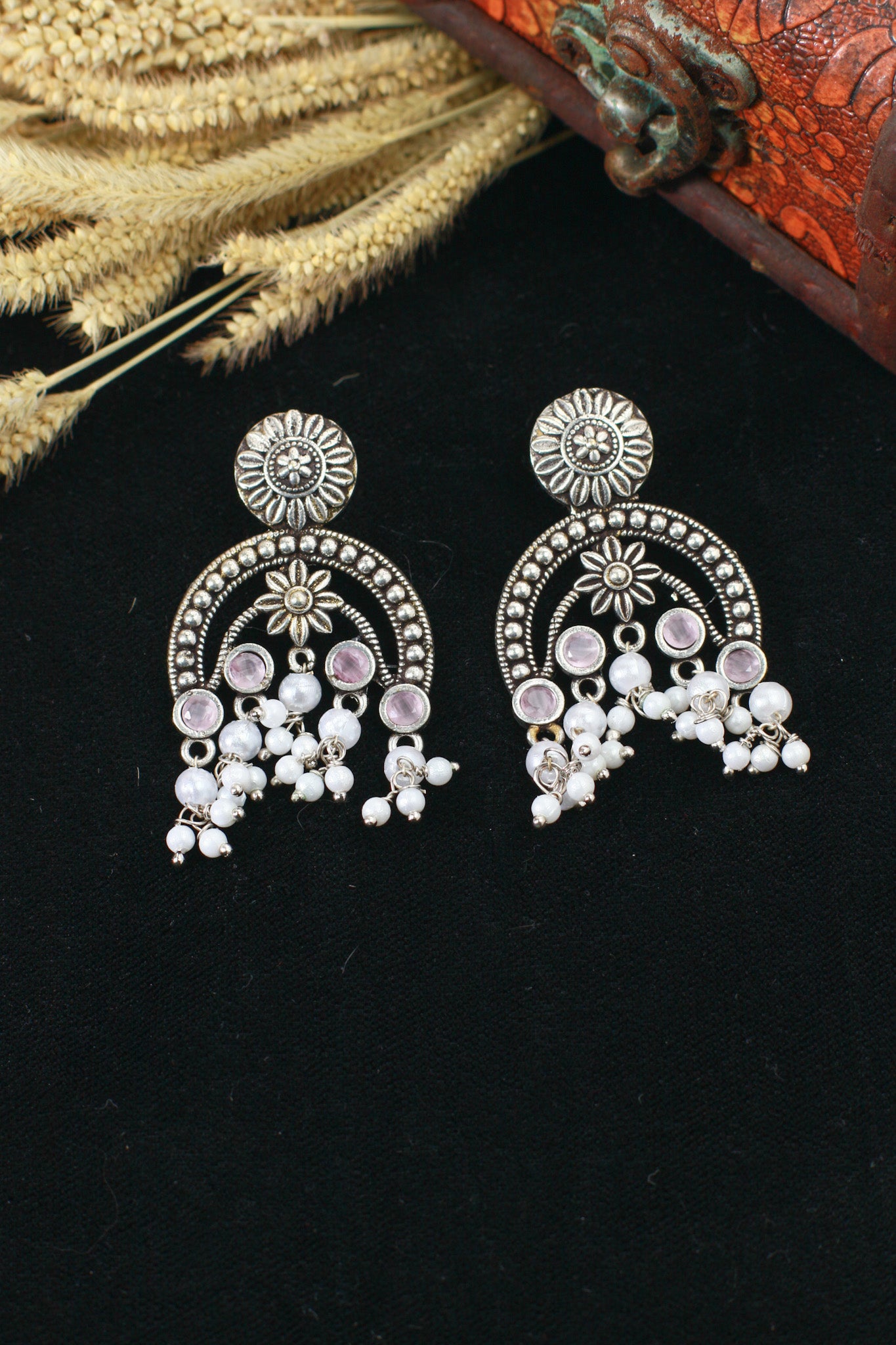 Pink Monalisa Arch Oxidised German Silver Earrings with Pearl Drops