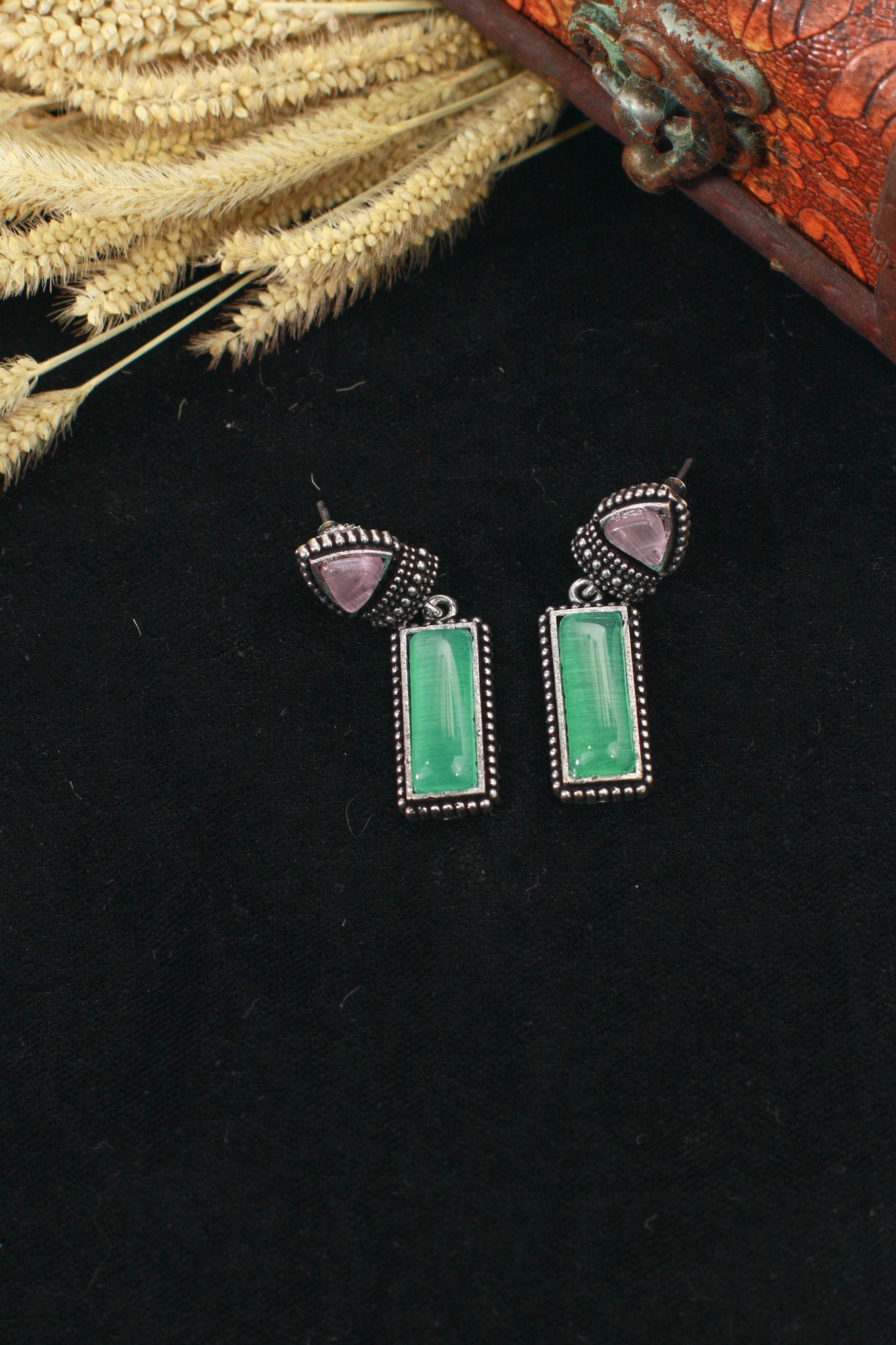 Dual-Tone Monalisa Drop Oxidised German Silver Earrings – Tri & Rectangle Stones