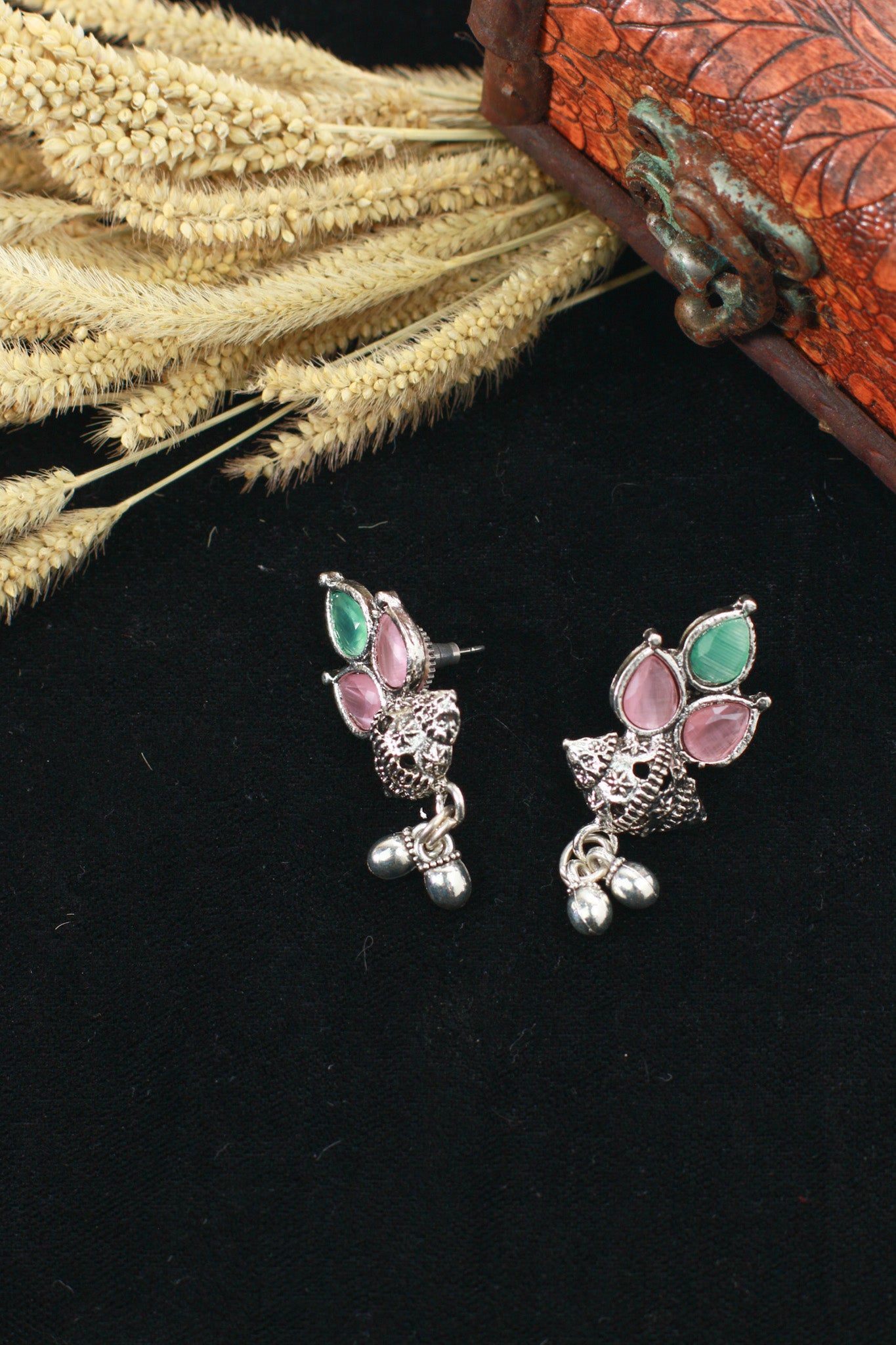 Mini Ghungroo Cone Drops with Pink & Mint Monalisa | Oxidised Stud Earrings