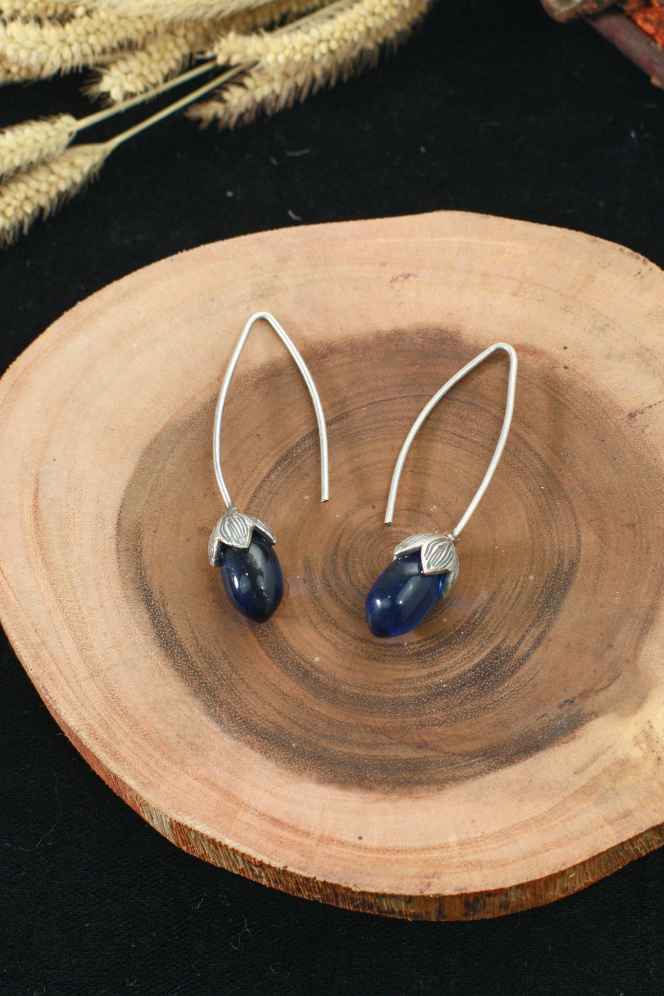 Blue Glass Drop Oxidised German Silver Earrings – Minimal Elegant Design
