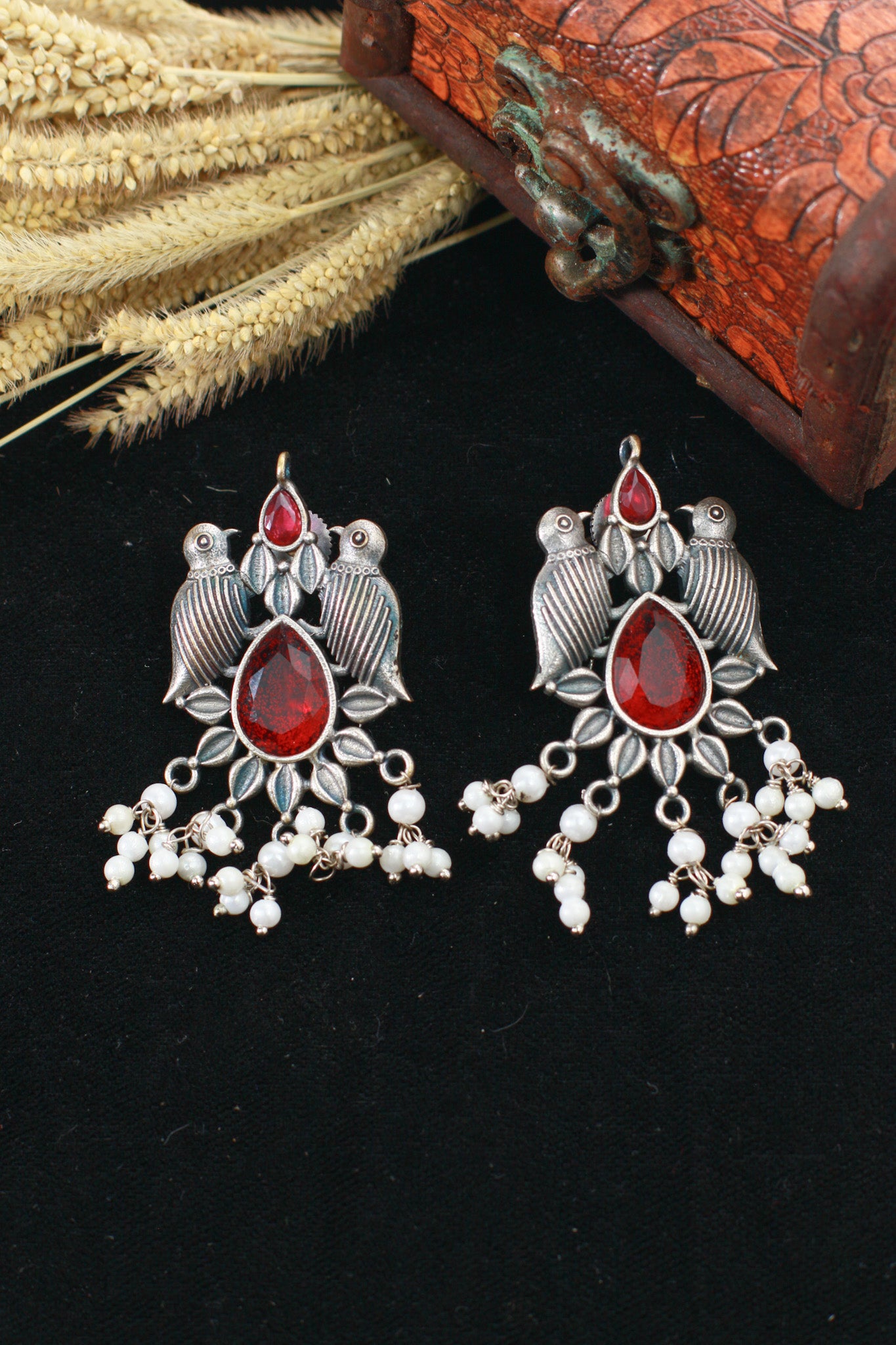 Ruby Red Monalisa Bird Motif Oxidised German Silver Earrings with Pearls