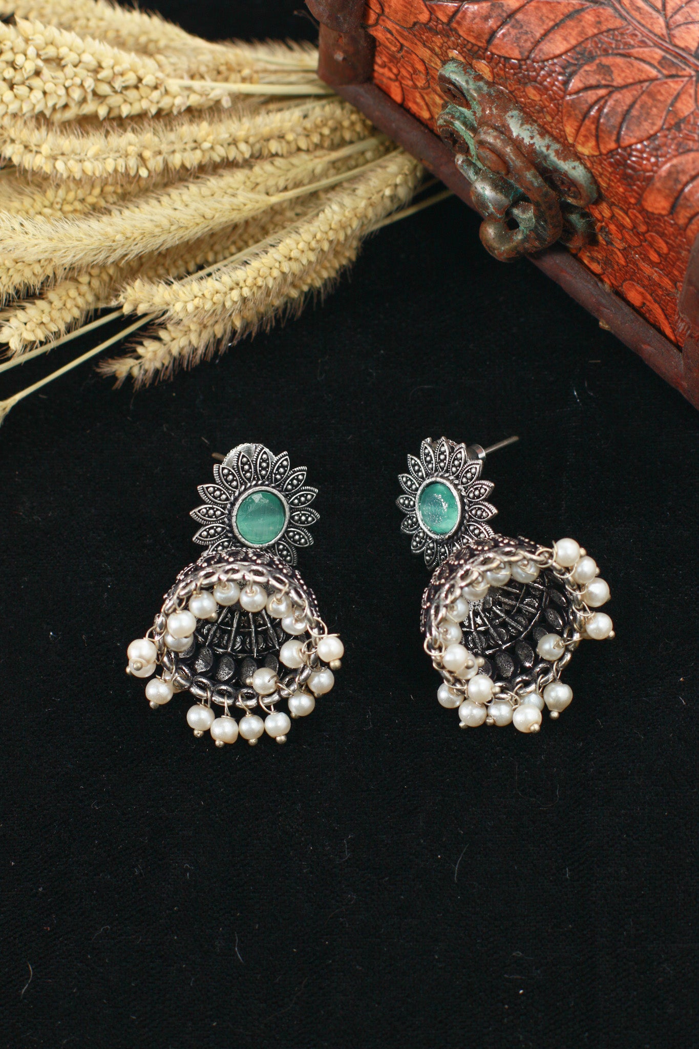 Green Monalisa Stone Oxidised German Silver Jhumka Earrings with Pearl Drops