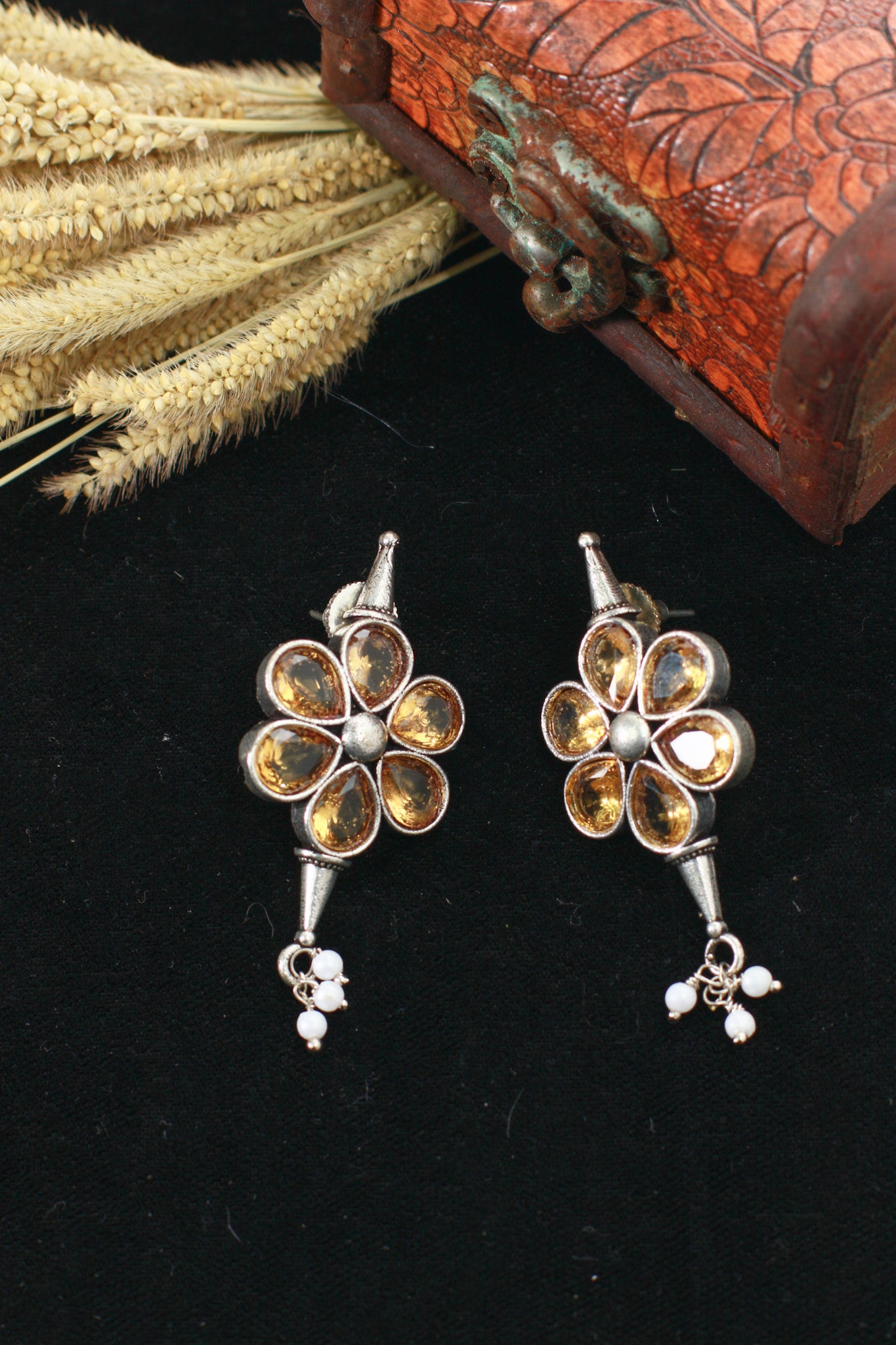 Yellow Monalisa Floral Oxidised German Silver Earrings – Petal Cluster with Pearl Drops