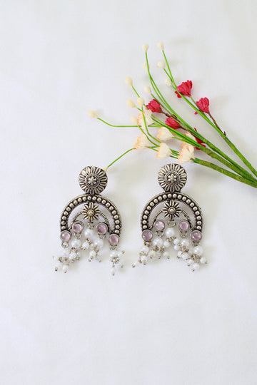 Pink Monalisa Arch Oxidised German Silver Earrings with Pearl Drops