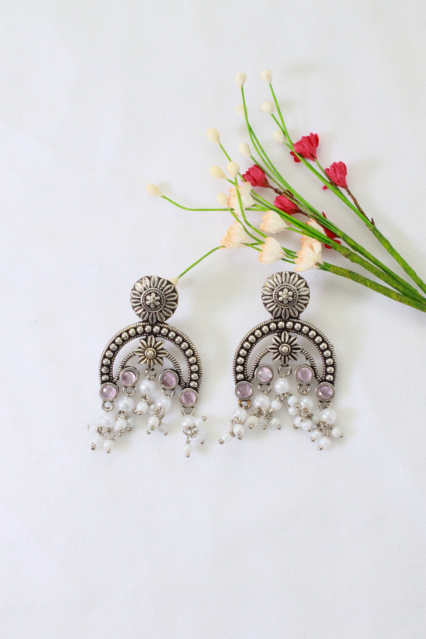 Pink Monalisa Arch Oxidised German Silver Earrings with Pearl Drops