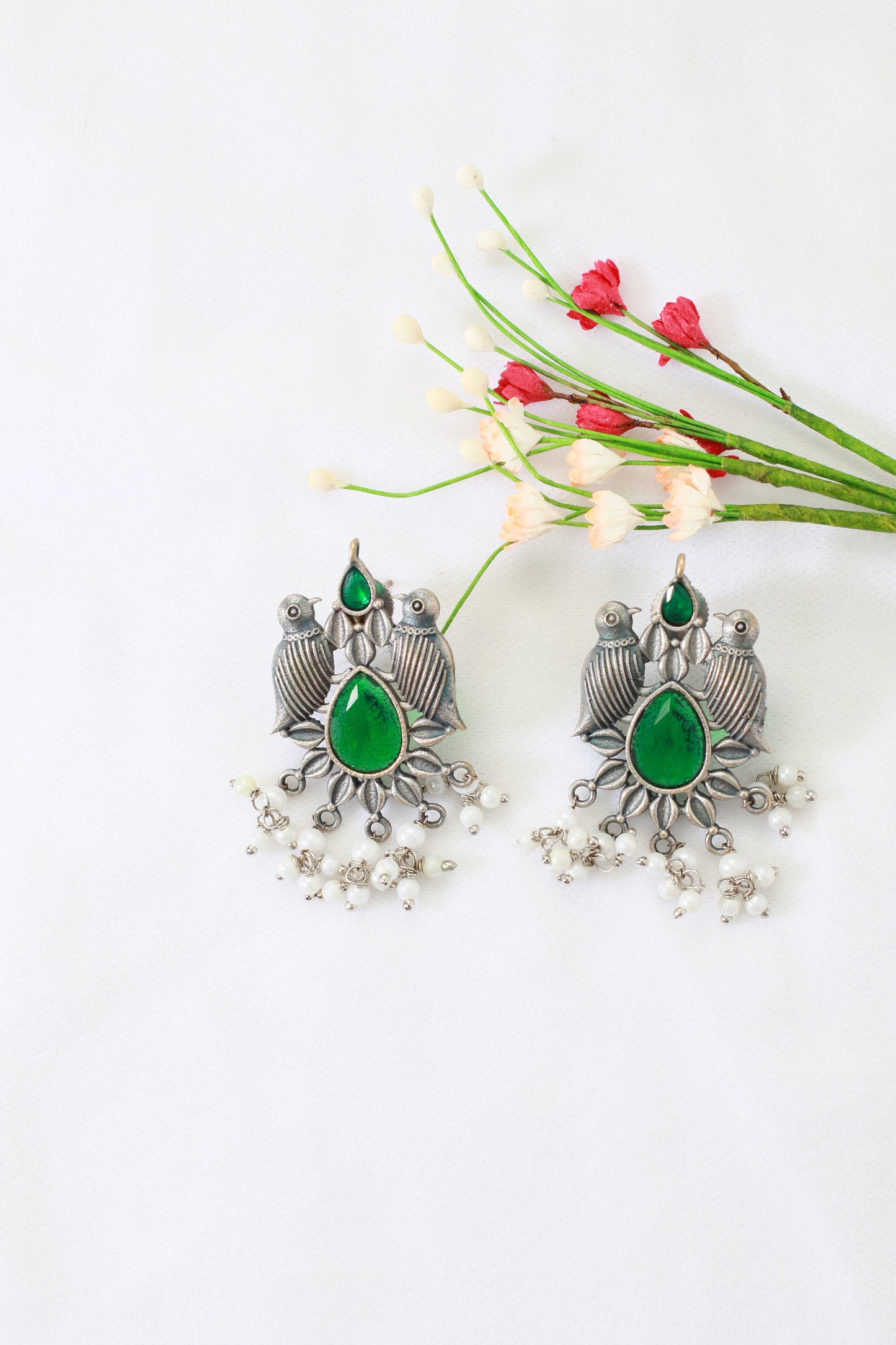 Emerald Green Monalisa Bird Motif Oxidised German Silver Earrings with Pearls