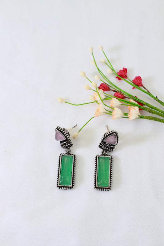 Dual-Tone Monalisa Drop Oxidised German Silver Earrings – Tri & Rectangle Stones