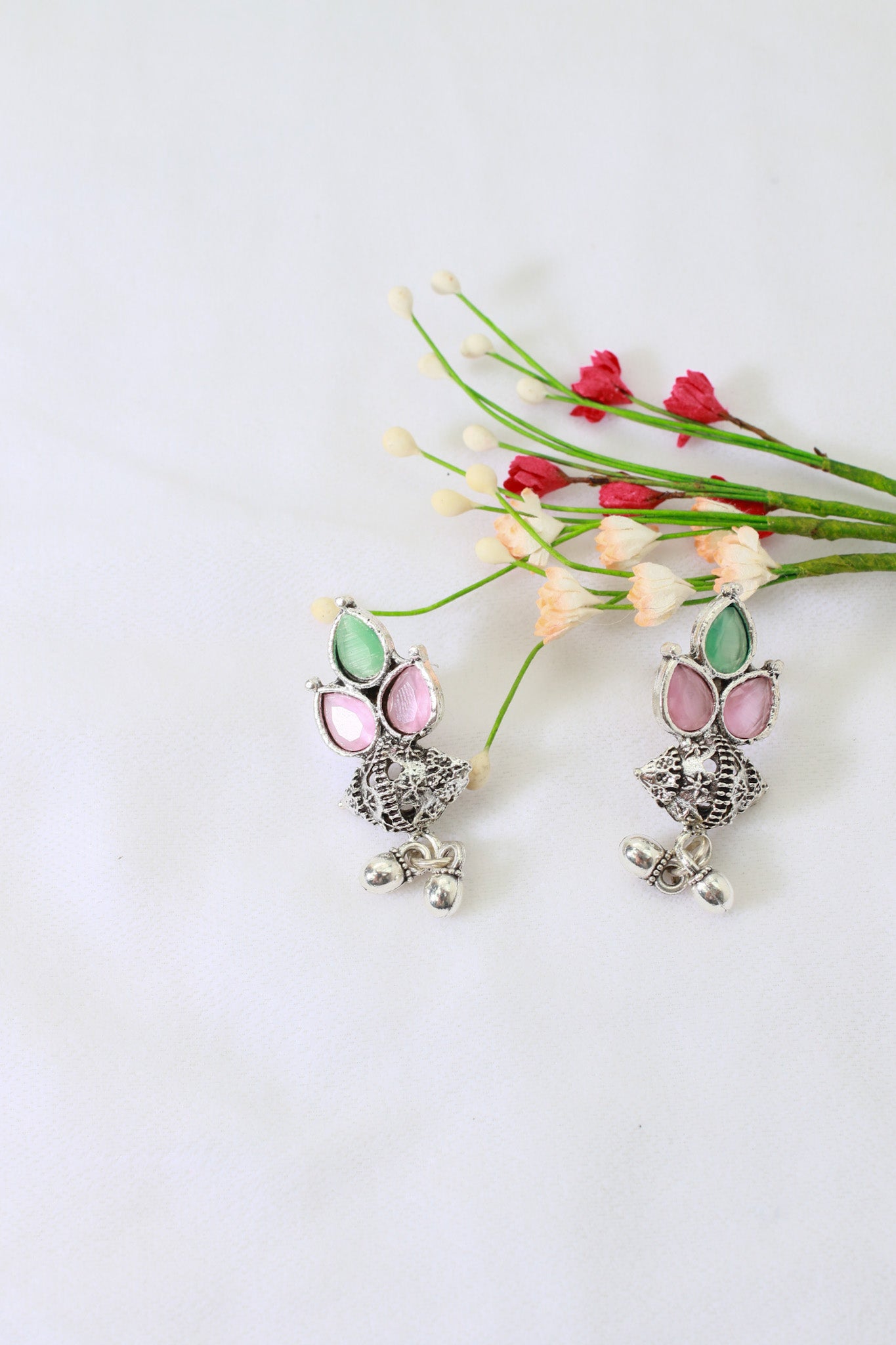 Mini Ghungroo Cone Drops with Pink & Mint Monalisa | Oxidised Stud Earrings