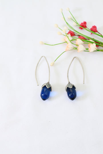 Blue Glass Drop Oxidised German Silver Earrings – Minimal Elegant Design