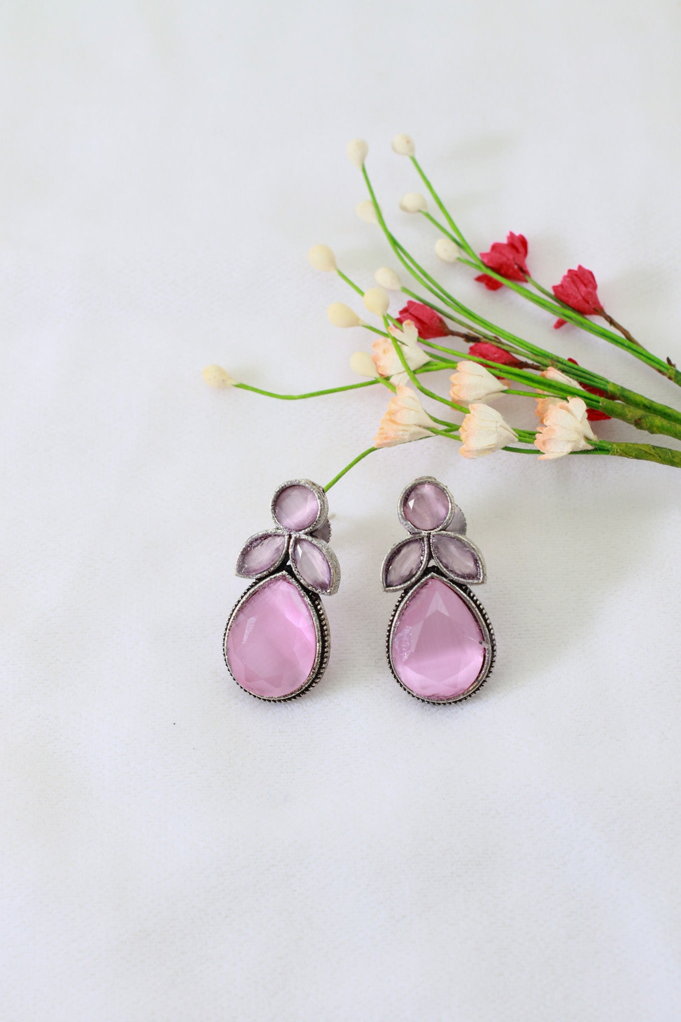 Pink Monalisa Cluster Studs in Oxidised German Silver – Tear Drop Design