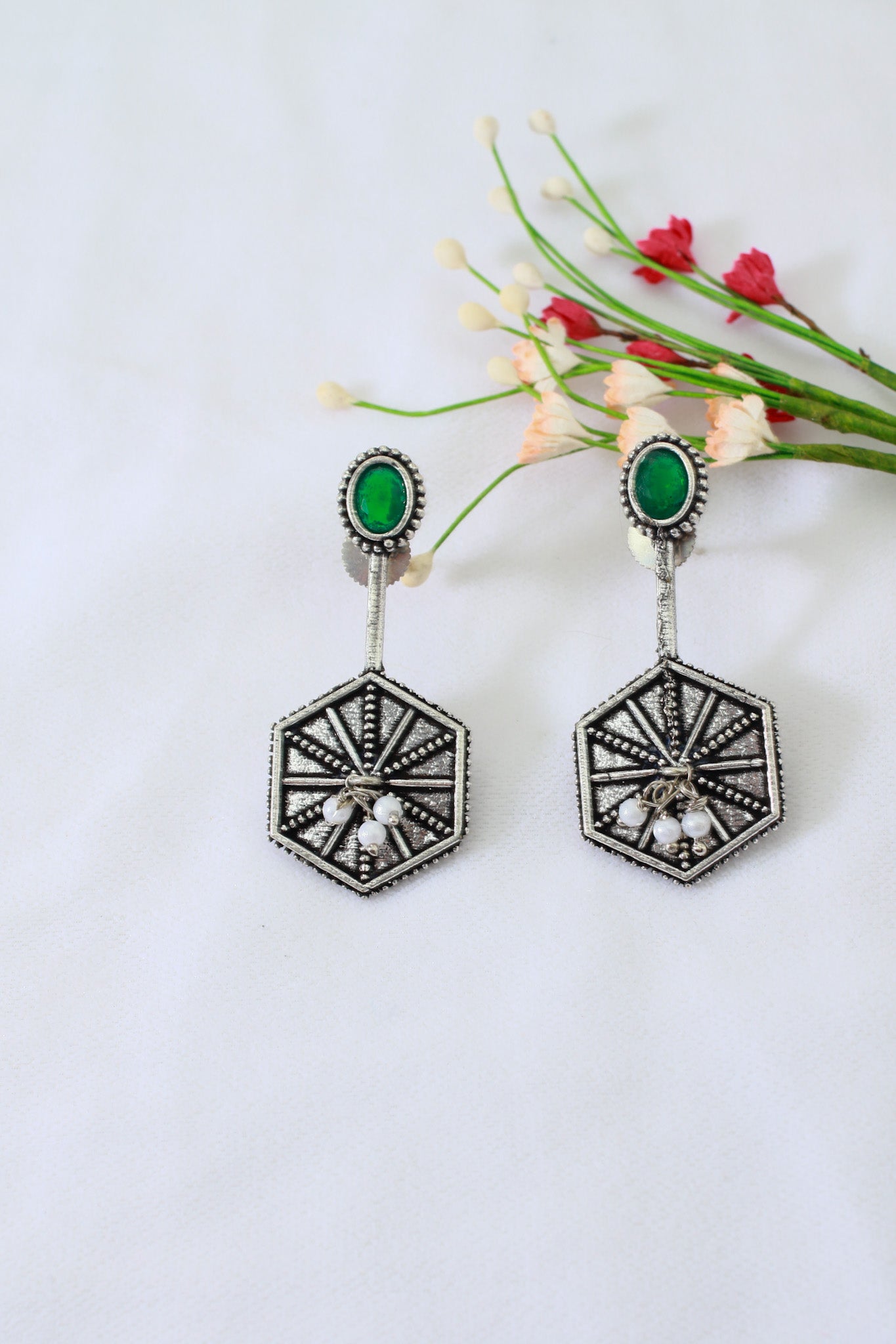 Hexa Sunburst Drop Earrings with Green Monalisa Stud | Oxidised