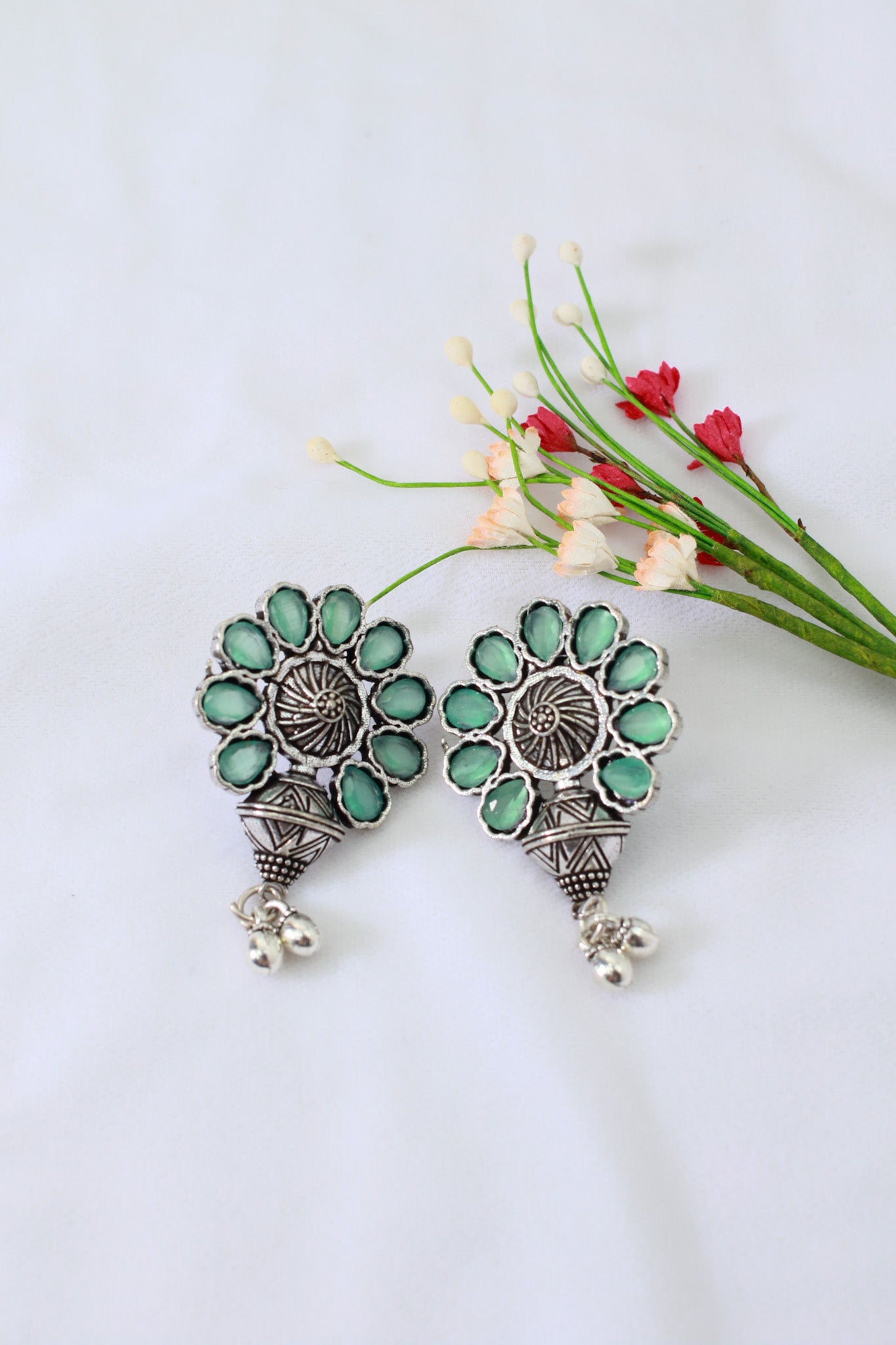 Mint Green Monalisa Floral Stud Danglers with Ghungroo Drops | Oxidised
