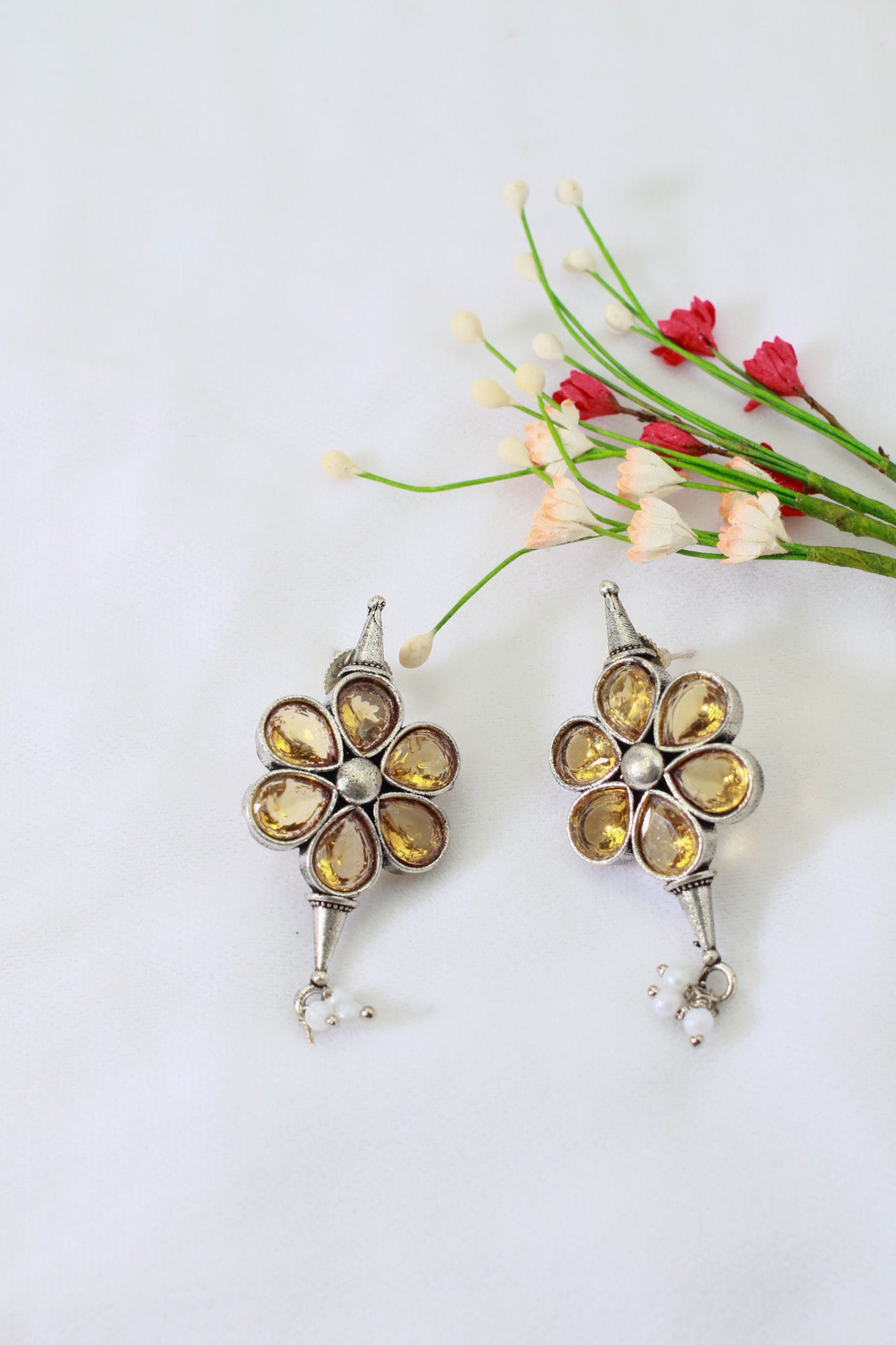 Yellow Monalisa Floral Oxidised German Silver Earrings – Petal Cluster with Pearl Drops