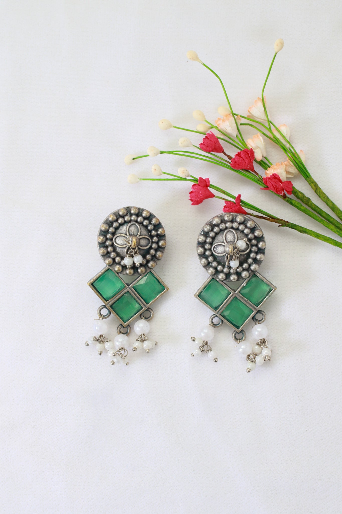 Green Monalisa Stone Square Oxidised Stud Earrings