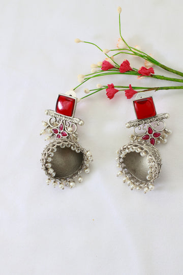 Red Monalisa Stone Oxidised Silver Dome Earrings