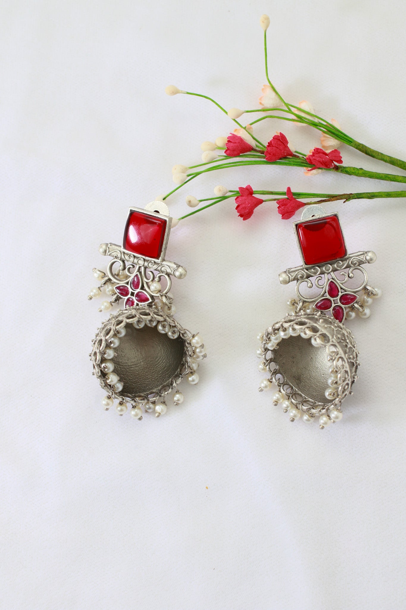 Red Monalisa Stone Oxidised Silver Dome Earrings
