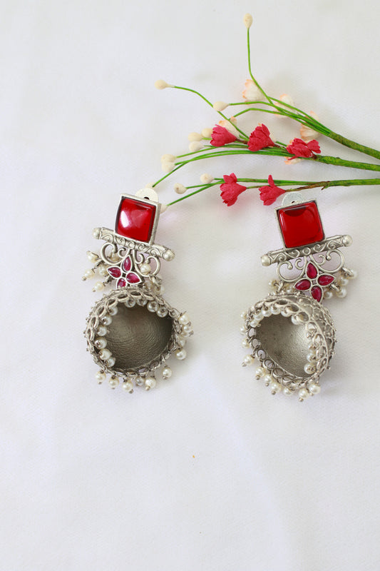 Red Monalisa Stone Oxidised Silver Dome Earrings