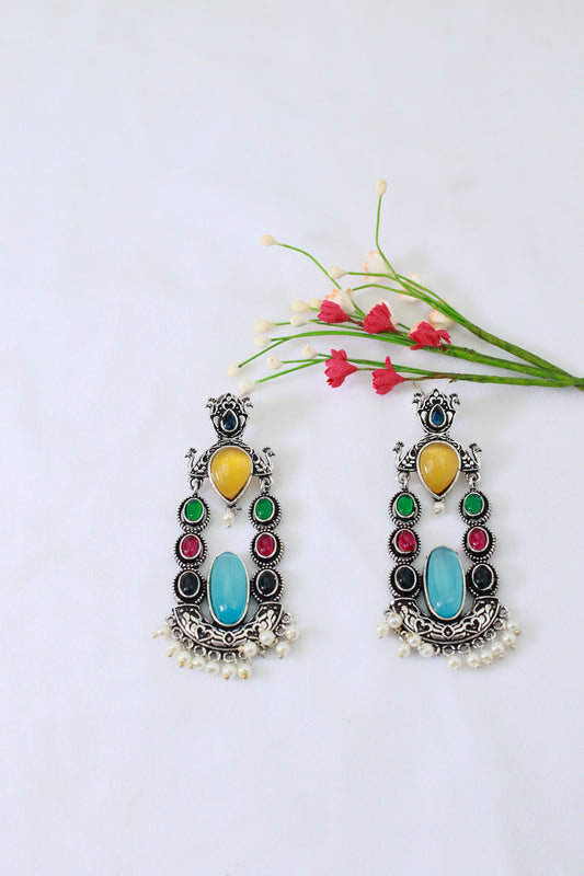 Multi‑Stone Temple Chand Dangler with Blue Oval Monalisa | Oxidised
