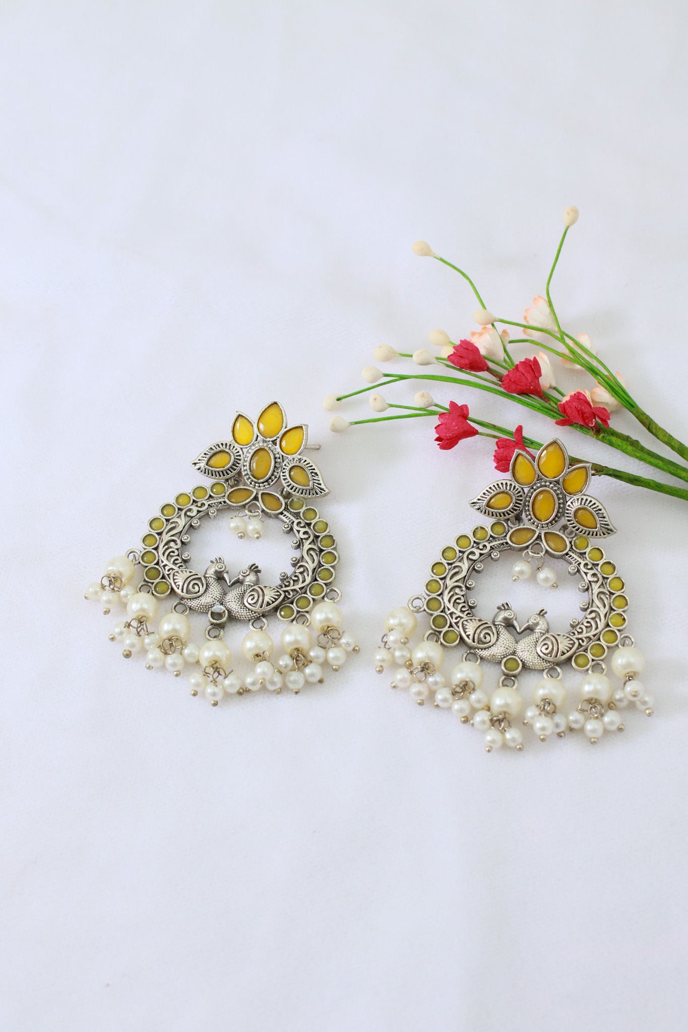 Yellow Monalisa Twin Peacock Chandbali with Pearls | Oxidised