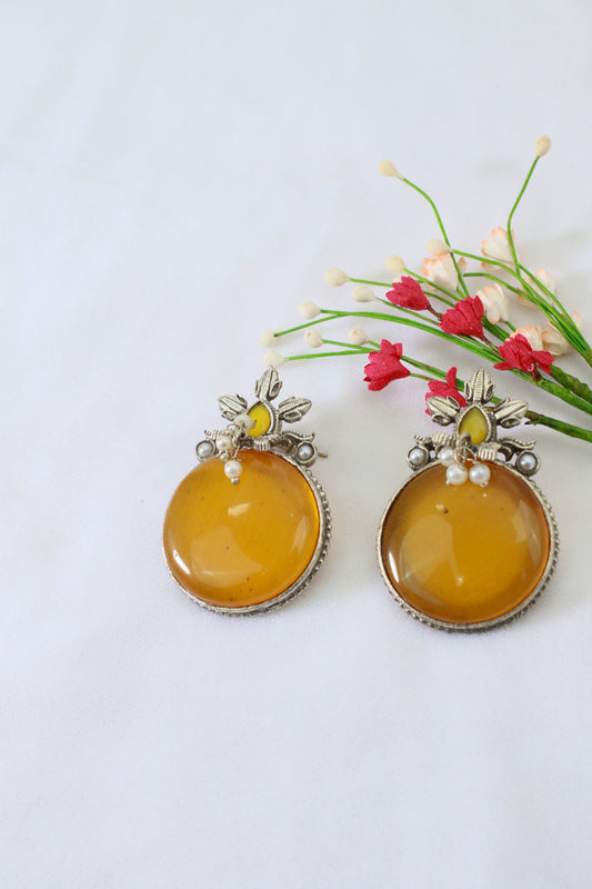 Honey Yellow Monalisa Round Studs with Floral Pearl Accent | Oxidised