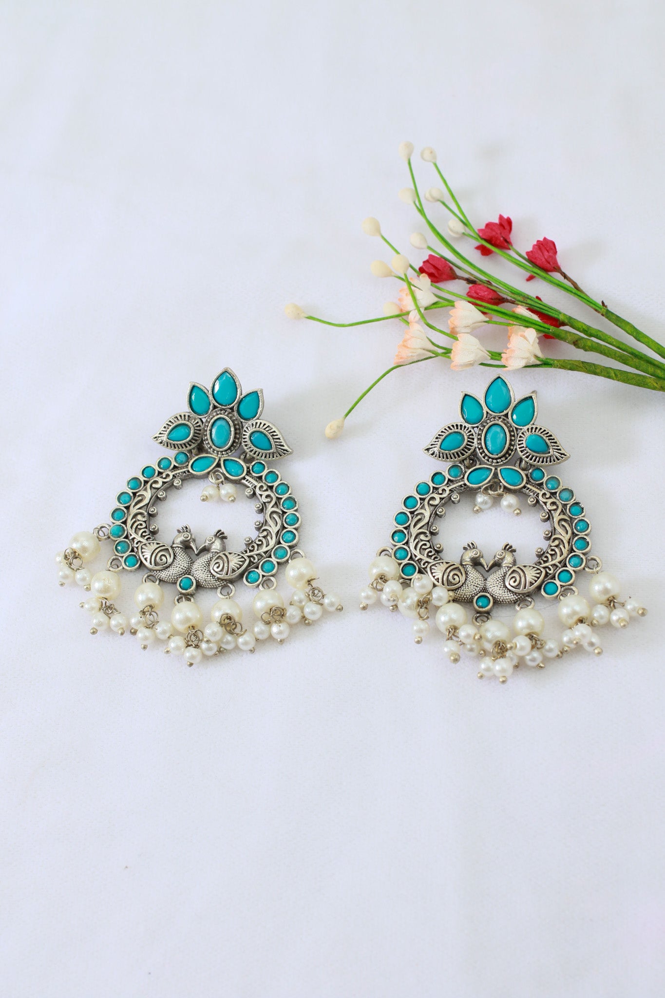 Blue Monalisa Twin Peacock Chandbali with Pearls | Oxidised German Silver