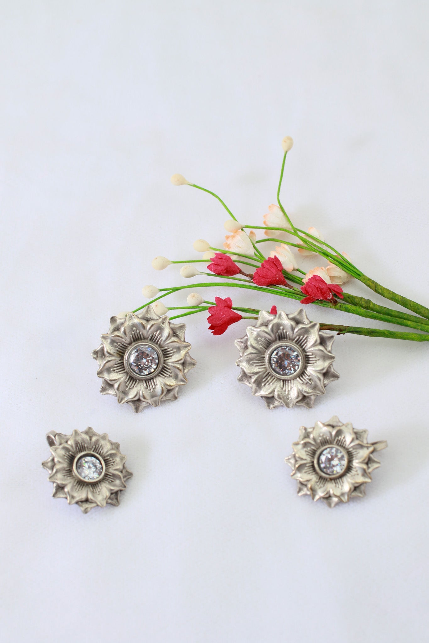 Floral Crystal Stud Earrings in German Silver – Oxidised Antique Finish