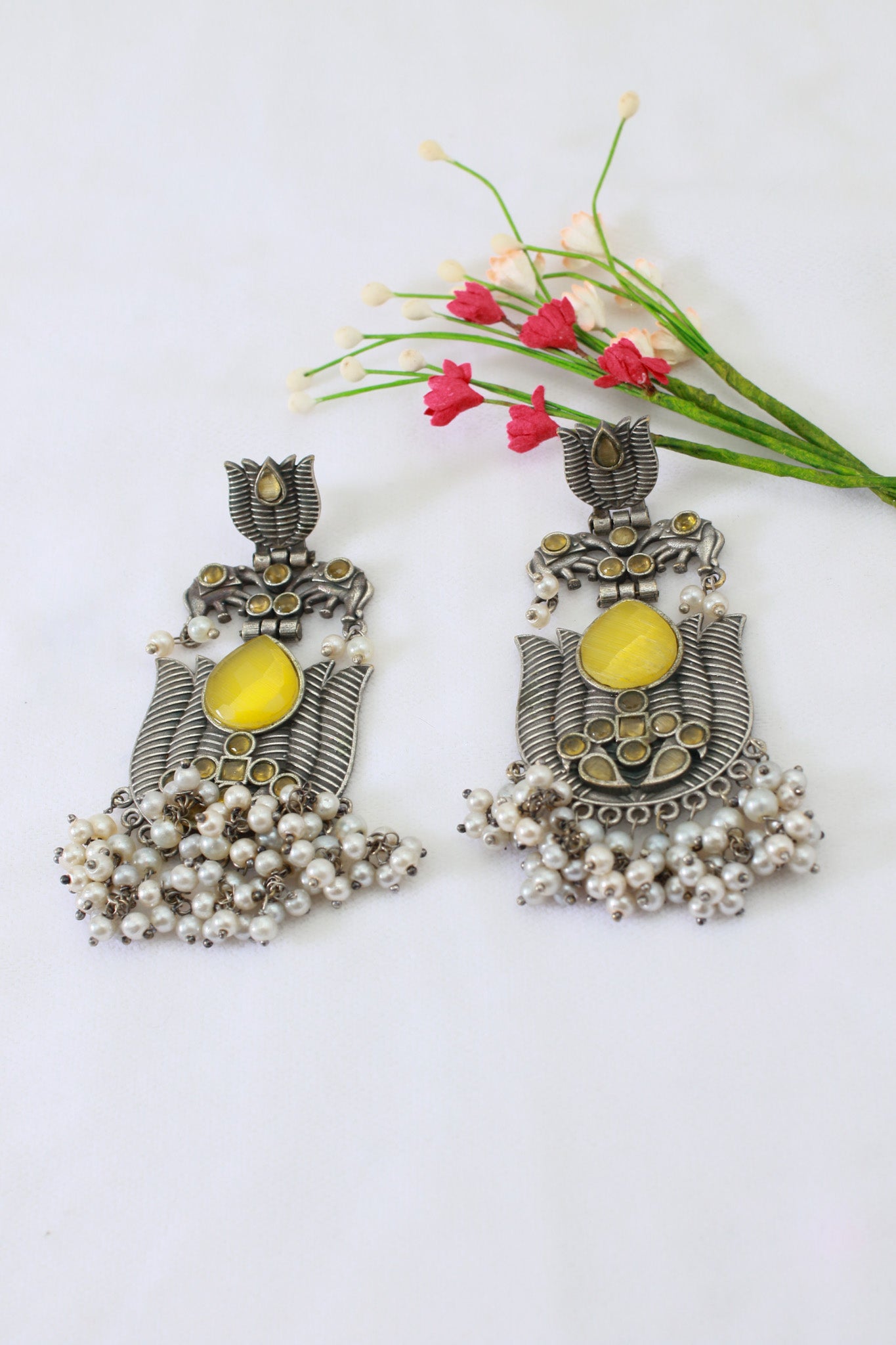 Yellow Monalisa Stone Lotus Design German Silver Earrings