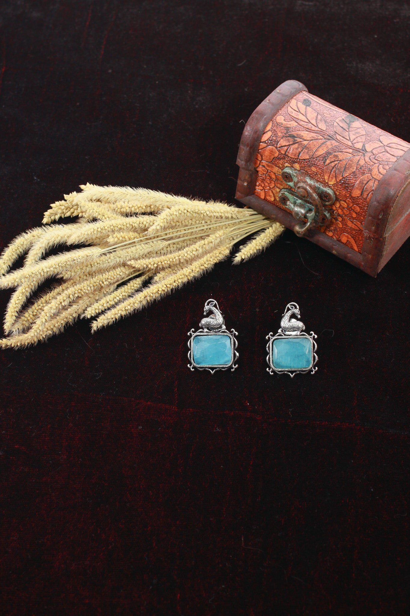 Blue Monalisa Rectangle Oxidised German Silver Earrings with Deer Motif