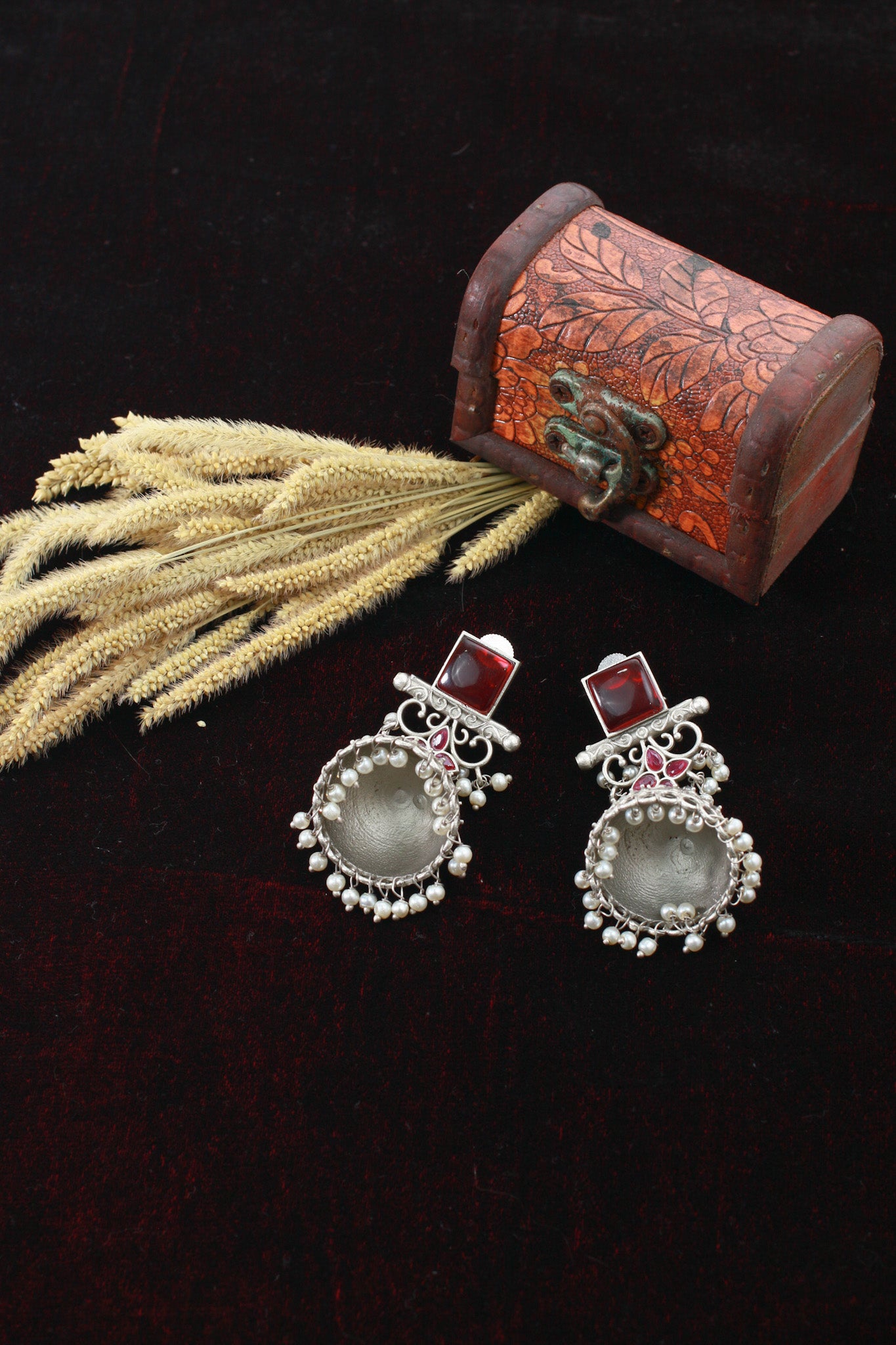 Red Monalisa Stone Oxidised Silver Dome Earrings